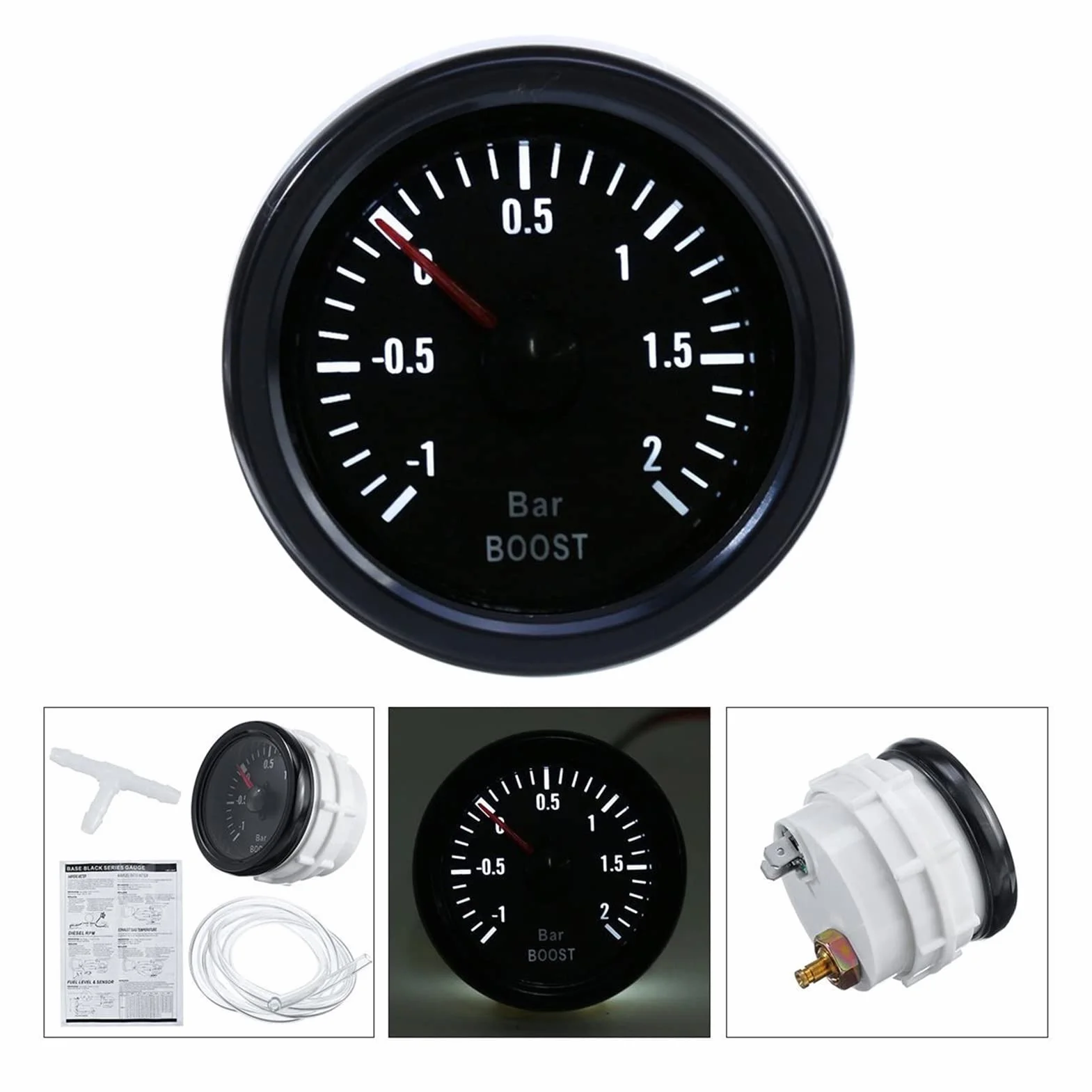 Meccanico Turbo Boost Manometro -1 ~ +2 Bar 2 "52mm Bianco PORTATO Display Black Bezel 12V Universal Boost Puntainter Meter Misuratore di Spinta
