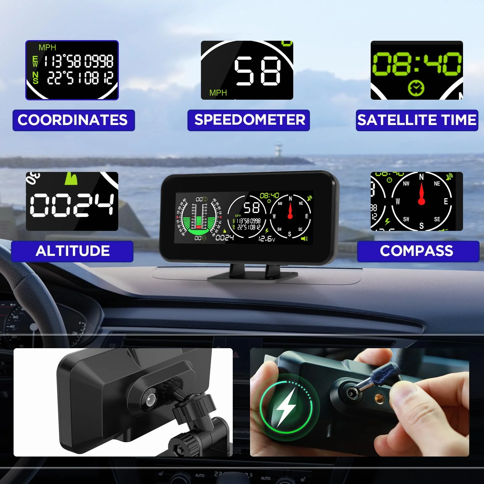 MR CARTOOL M60 Digitale Inclinometro GPS HUD Tachimetro Bussola per Auto SUV Fuoristrada