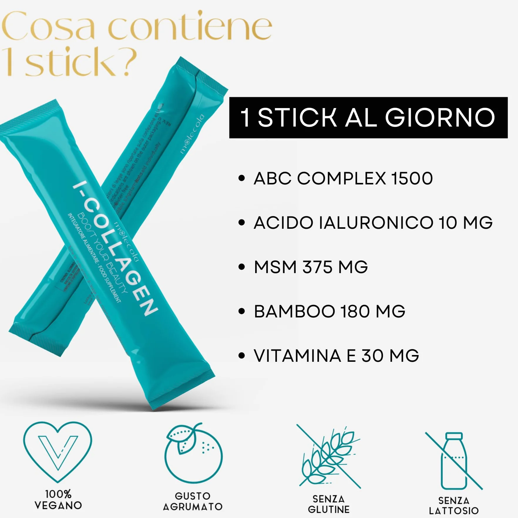 I-COLLAGEN Integratore Collagene e Acido Ialuronico con Bamboo e Vitamina E 30 Stick Vegano