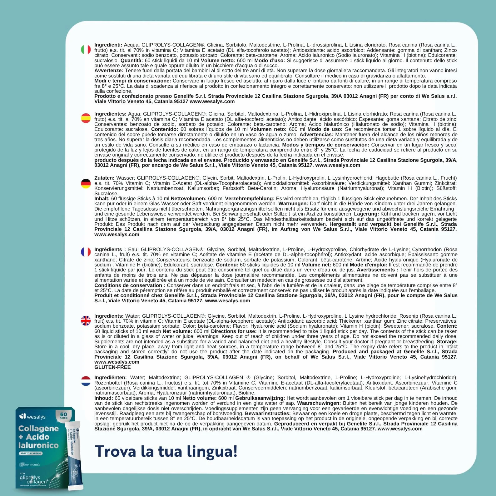 Collagene da Bere con Acido Ialuronico e Gliprolys® Integratore 60 Stick per Pelle Capelli Articolazioni