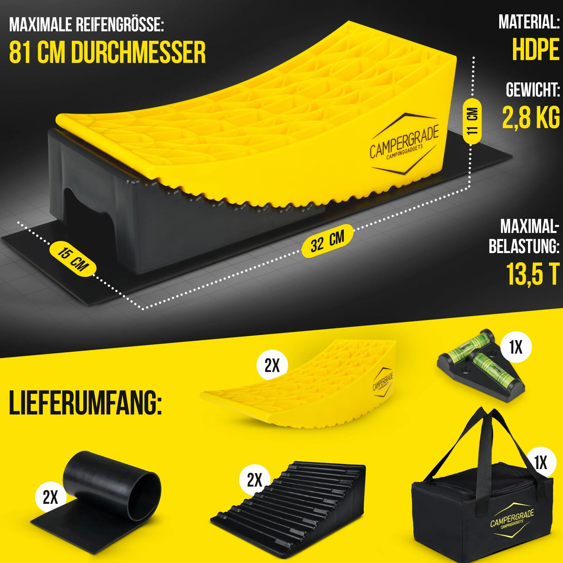 Cunei di sollevamento per roulotte e camper (set da 2) – Tappetini anti-affondamento, livella, presa antiscivolo a nido d'ape, robusto fino a 13,5 t, ideale per piazzola e campeggio