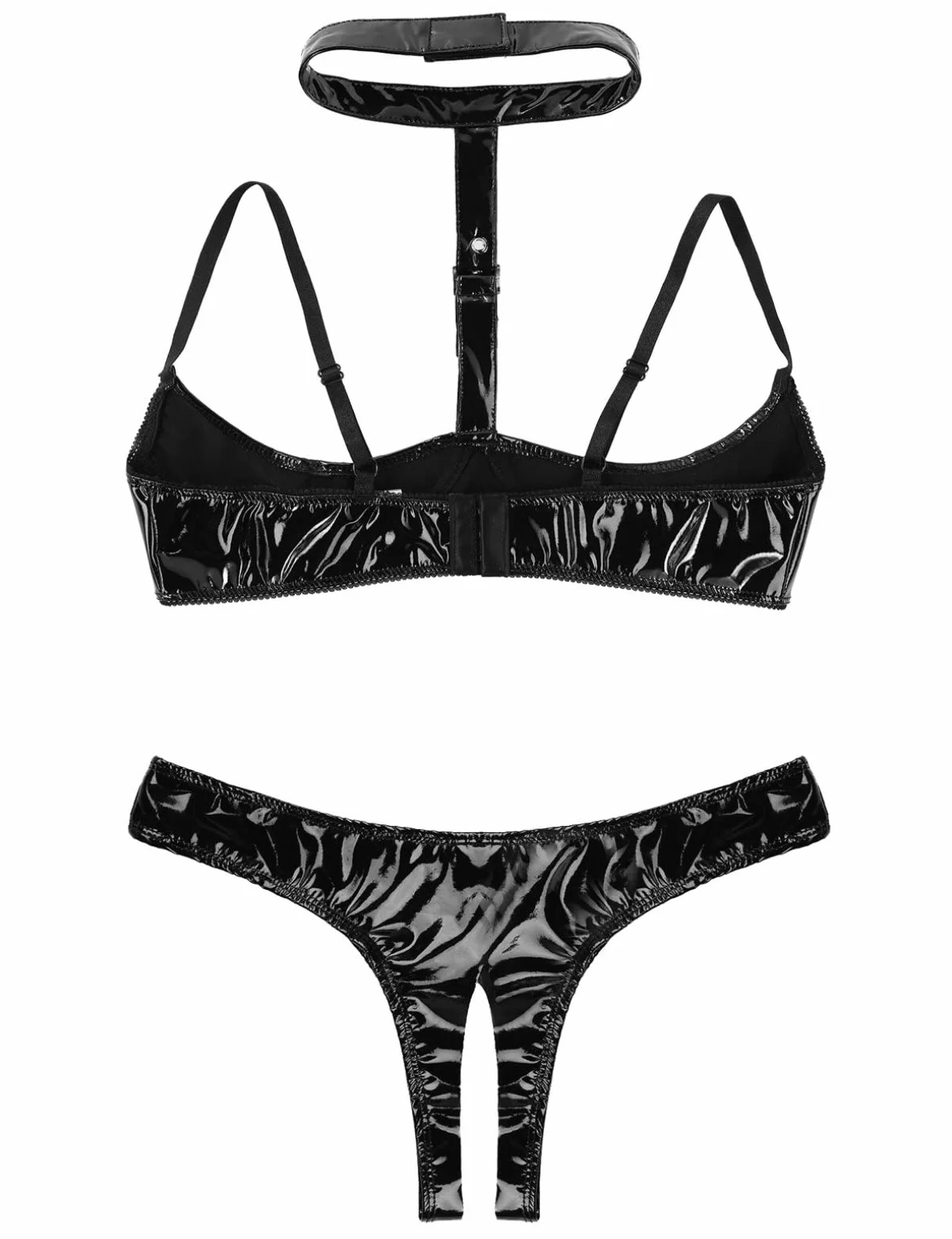 FEESHOW Donna Latex Set Intimo Reggiseno Push Up Slip Tanga Lingerie Babydoll