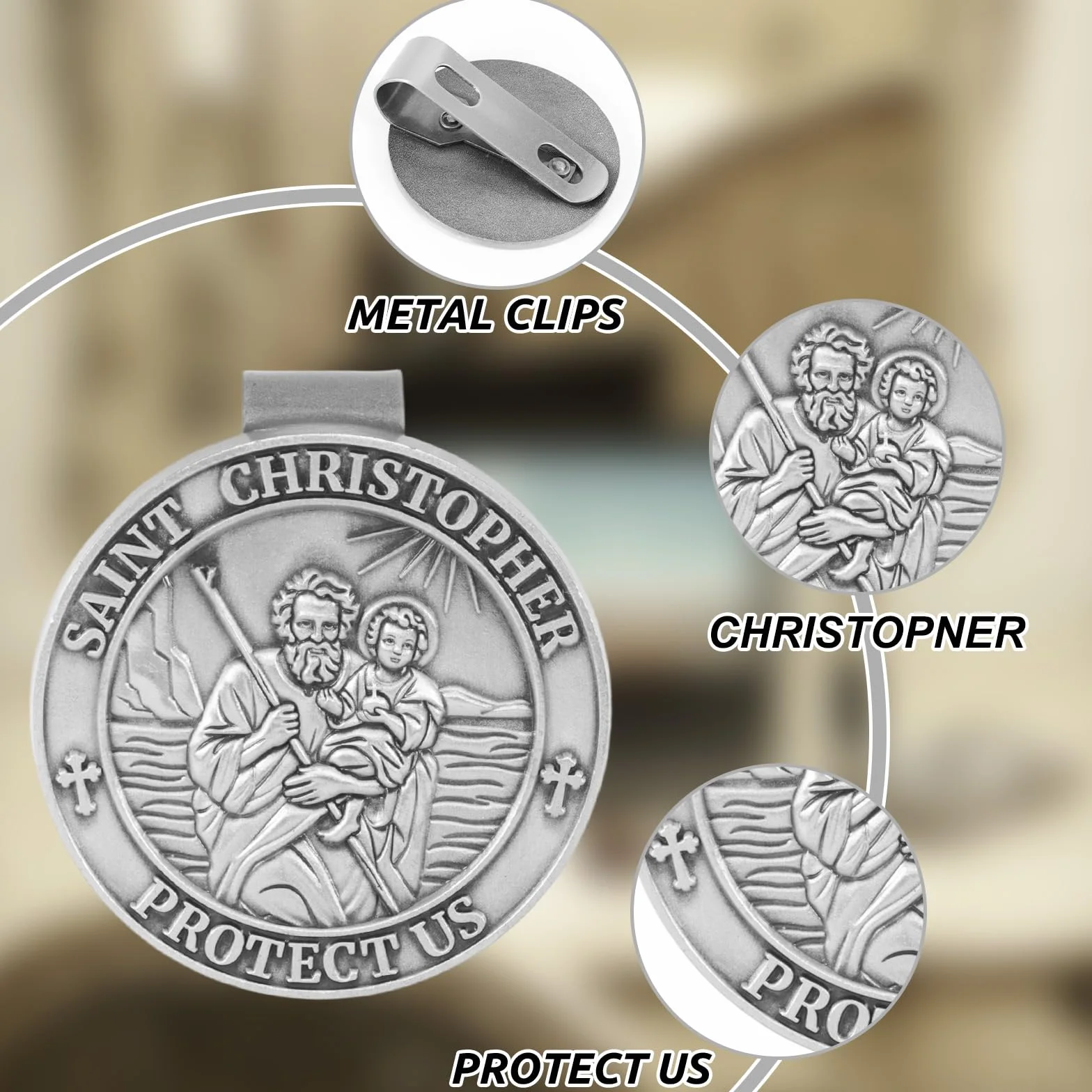 Penitue 2pz Medaglia di San Cristoforo per Auto, Clip Visiera Auto in Lega di Zinco Regali Nuovi Conducenti Clip Visiera Medaglia San Cristoforo per Familiari e Amici