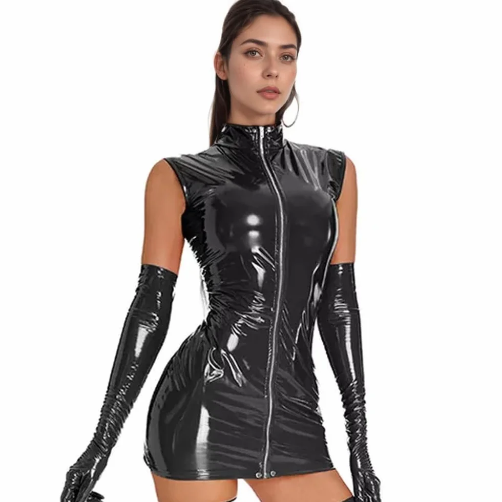 Donna Sexy Pelle Mini Vestito Cerniera Frontale Babydoll Latex Wetlook Camicia Notte Clubwear Elasticità Senza Maniche Miniabito Metallizzato Aderente Catsuit Cocktail Discoteca Costume