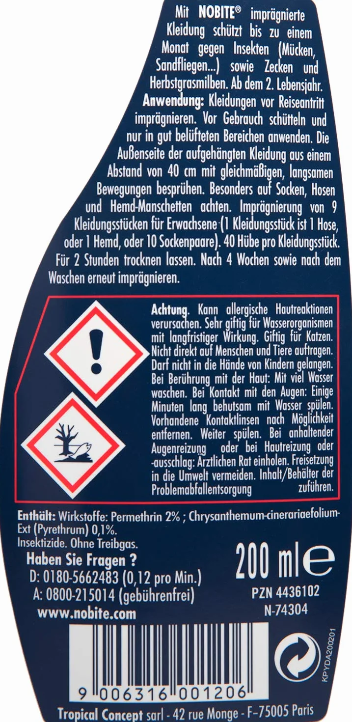 NOBITE Spray Abiti Permetrina 200ml Repellente Antizanzare
