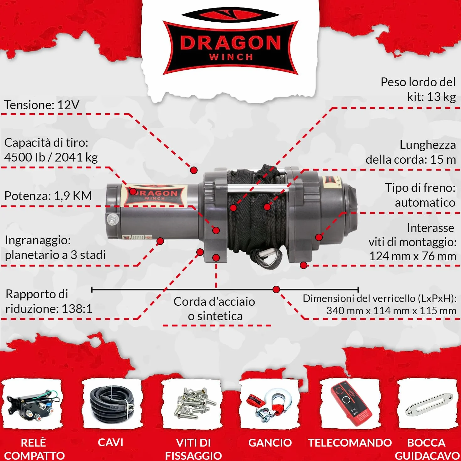 Verricello Elettrico Highlander 12V 4500 lbs 2041 kg Cavo Sintetico 15m impermeabile Telecomando Senza Fili per Off-road Quad ATV UTV