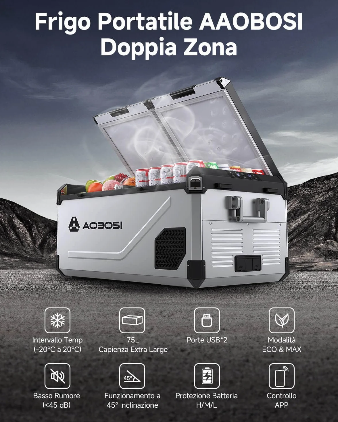 AAOBOSI Frigo Portatile Doppia Zona 75L, Scocca Acciaio Inox & Interno in Alluminio Stampato, 12/24V & 100-240V, Frigo Da Campeggio APP Controllo,Frigorifero Per Auto, Camper，Nautica. Contenitore