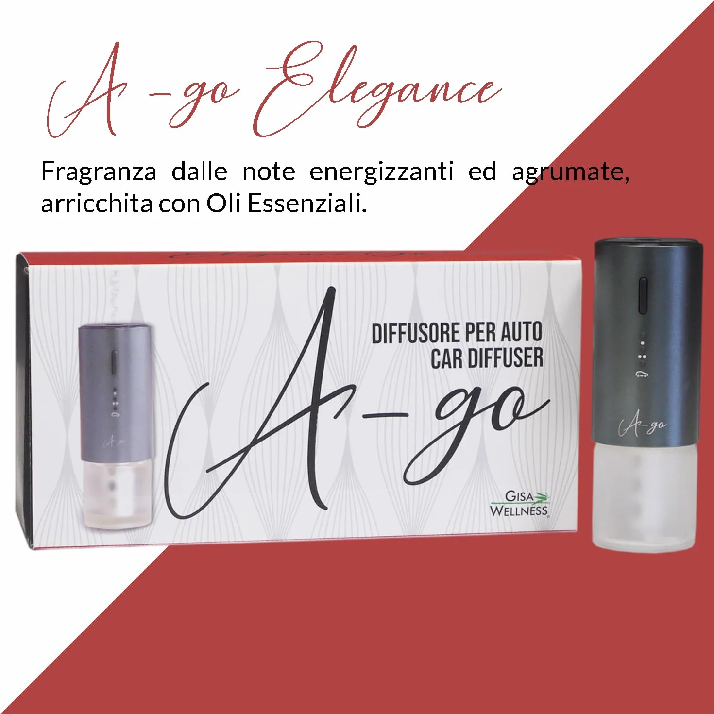Gisa Wellness A-GO ELEGANCE Diffusore per Auto 12 ml con Batteria Ricaricabile Fragranza Agrumata Oli Essenziali Tecnologia Vibration System