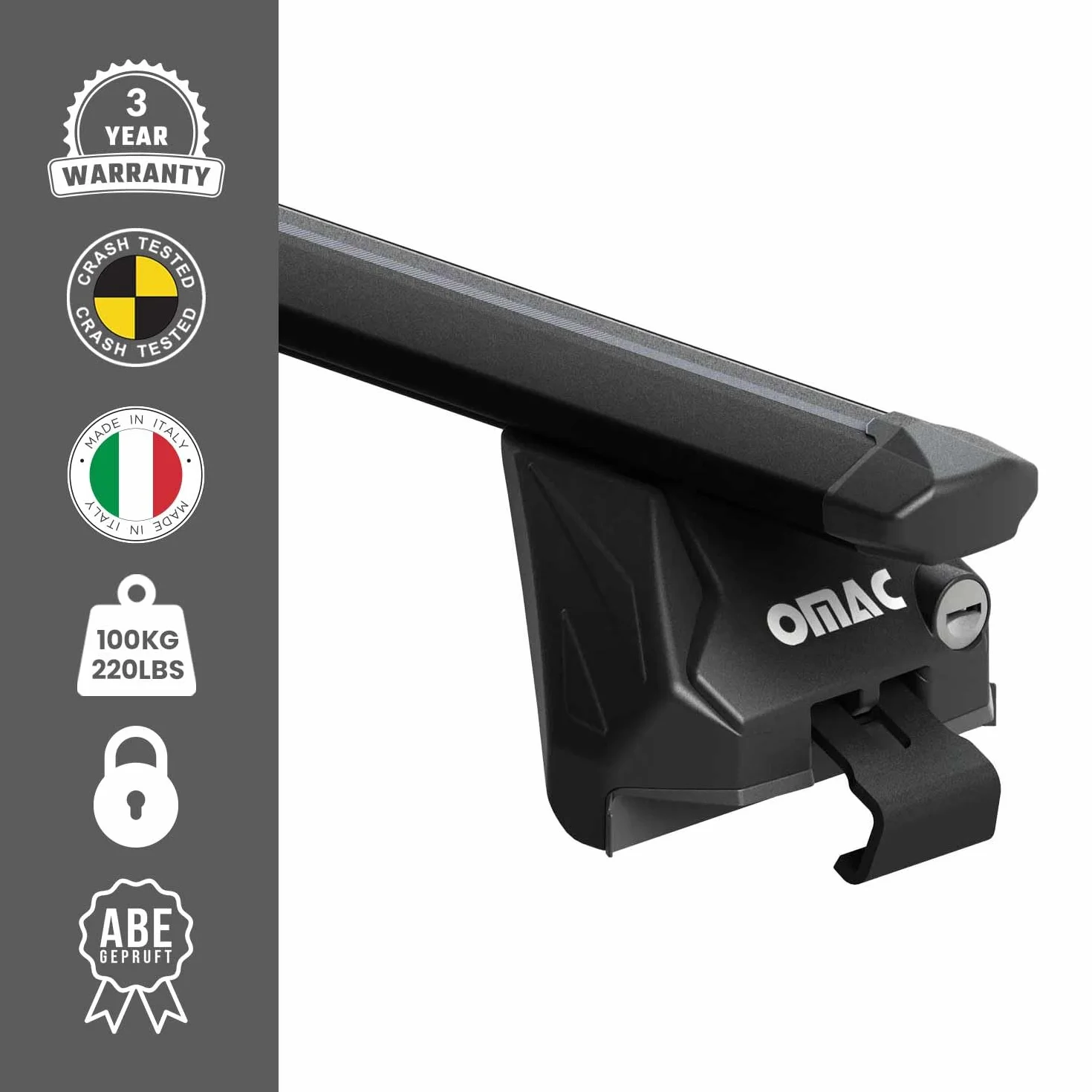 OMAC Barre Portatutto Alluminio TÜV geprüft per Peugeot 5008 II 2017-2024 – per Rail Tetto Integrati – T Nut – Max 100 kg – 2 Schlösser Nero