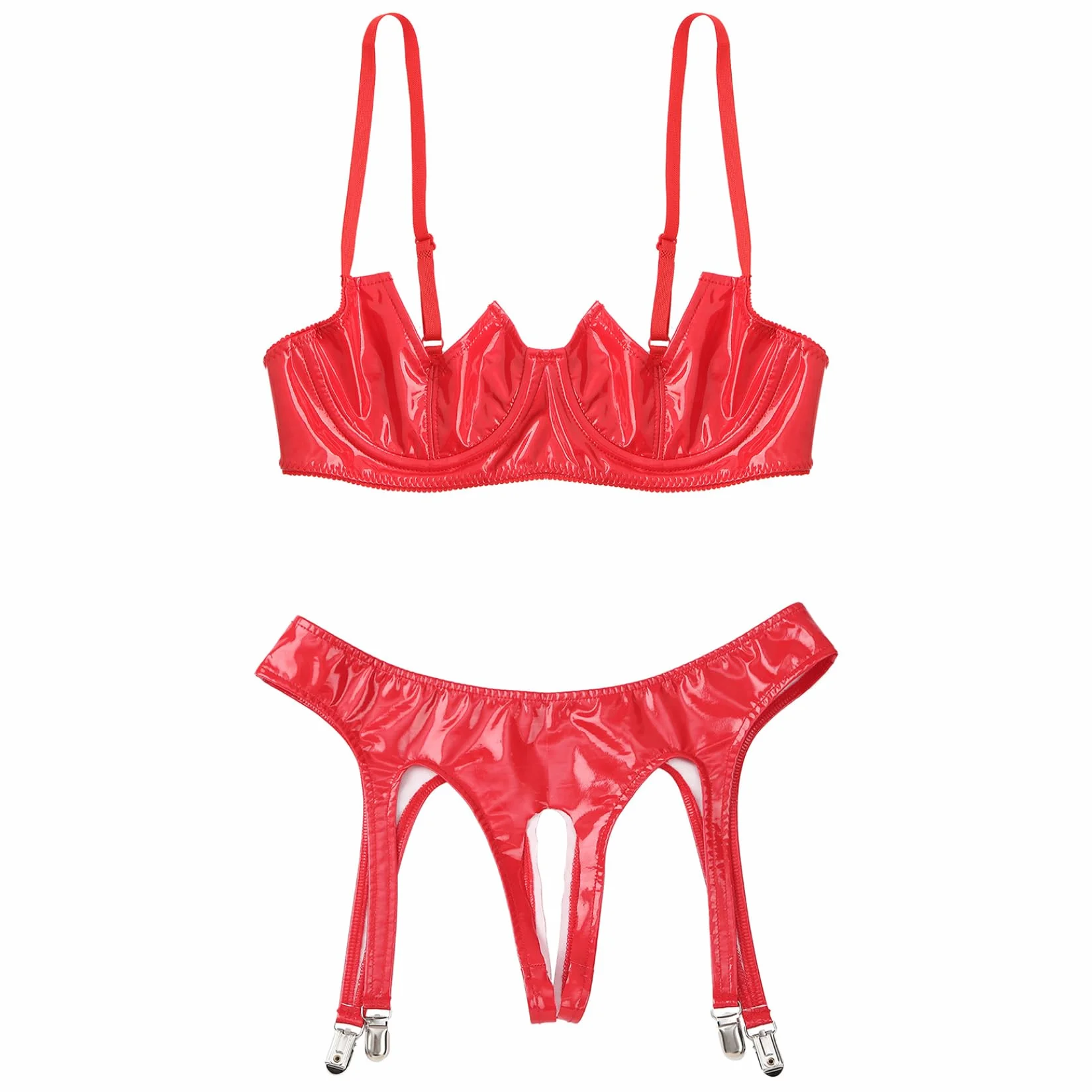 Sywiyi Lingerie sexy z reggicalze, reggiseno, slip, perizoma, pelle laccata