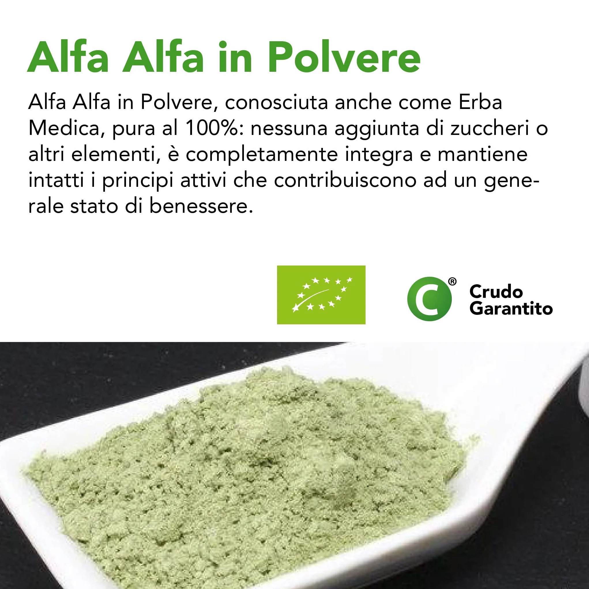 Alfa Alfa in Polvere Biologica e Cruda 150g Ricca di Vitamine A C E K Antiossidanti Isoflavonoidi Minerali Clorofilla per Frullati Succhi Yogurt
