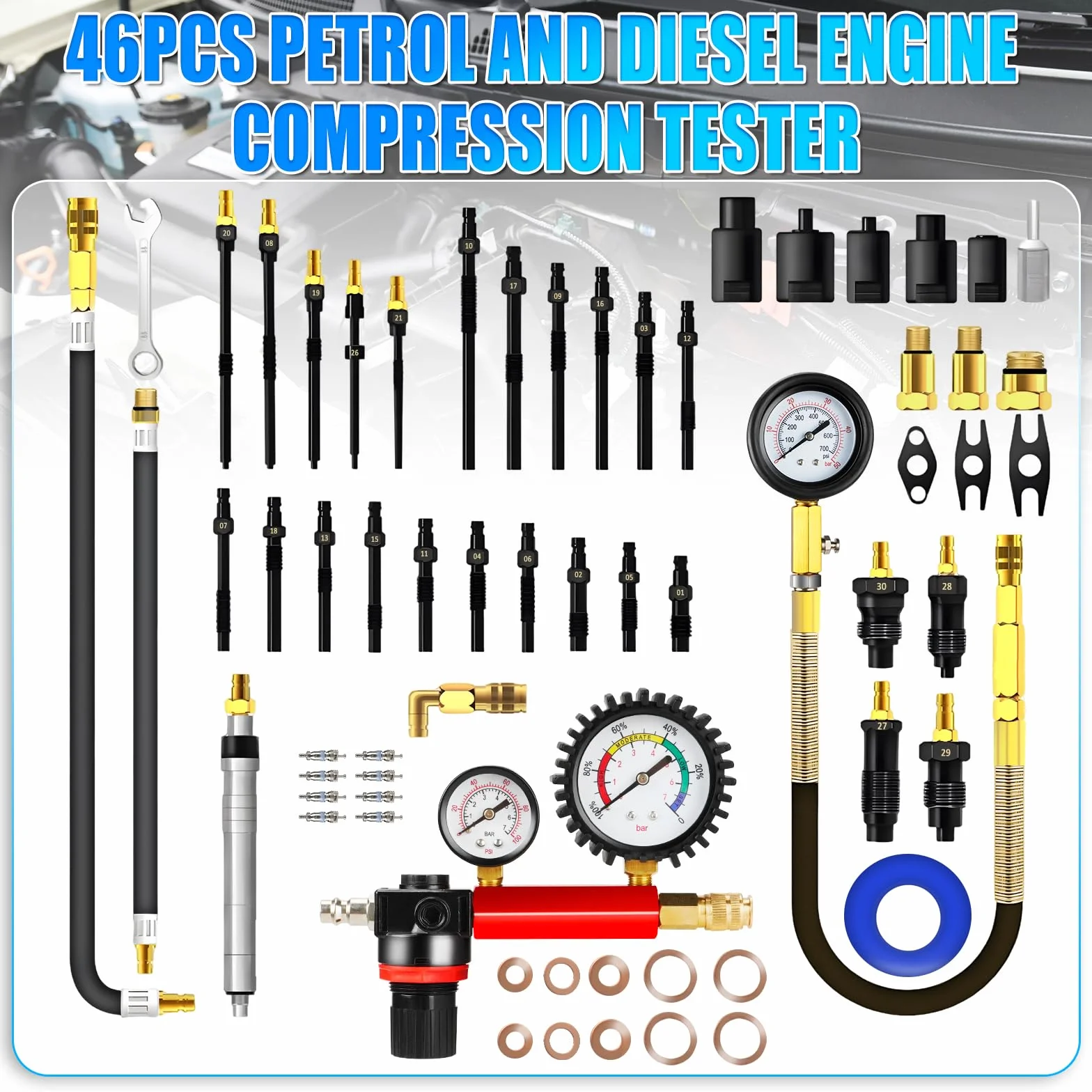 D-Lumina Tester di Compressione Professionale da 46 Pezzi, Tester di Perdita di Pressione per Motori Diesel e Benzina con Adattatore per La Maggior Parte dei Motori di Auto, Camion, Agricoli e Marini.