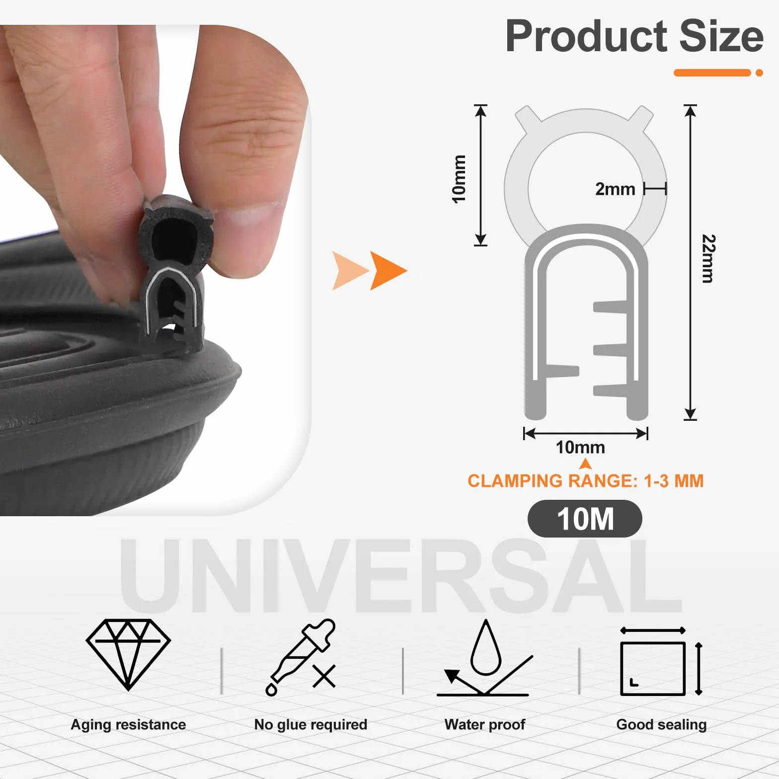 EFUTURETIME Guarnizione in Gomma per Porta Auto, 10m, Guarnizione Universale per Bagagliaio Auto in EPDM Senza Adesivo per Roulotte, Camion, Garage, Macchina, Nera, Superiore