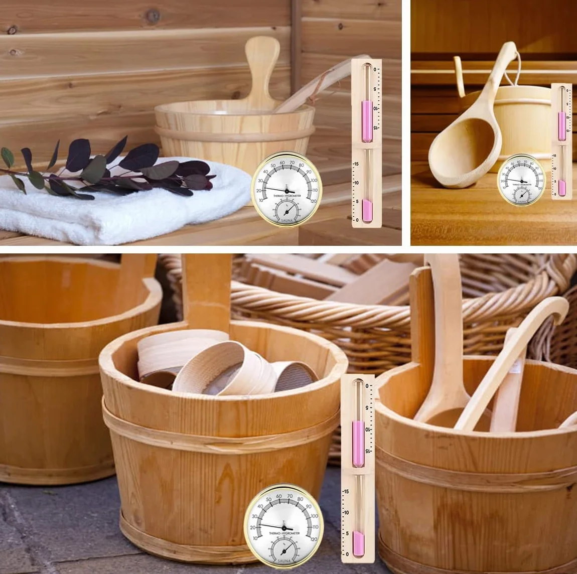 Secchio Sauna 4L Set Completo con Mestolo Legno Pino Finlandese Termometro Igrometro Clessidra