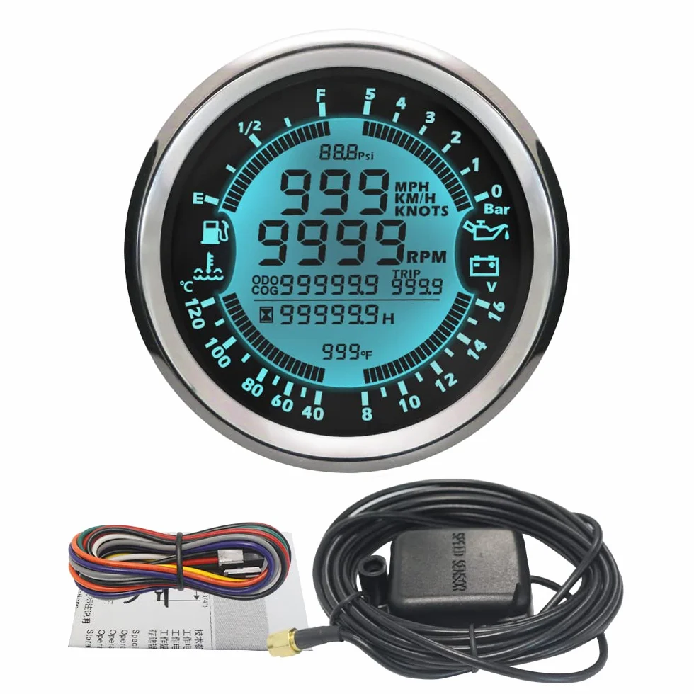 ELING Tachimetro GPS multifunzione Tachimetro Ora Temperatura acqua Livello carburante Voltmetro pressione olio 12V 85mm Con retroilluminazione