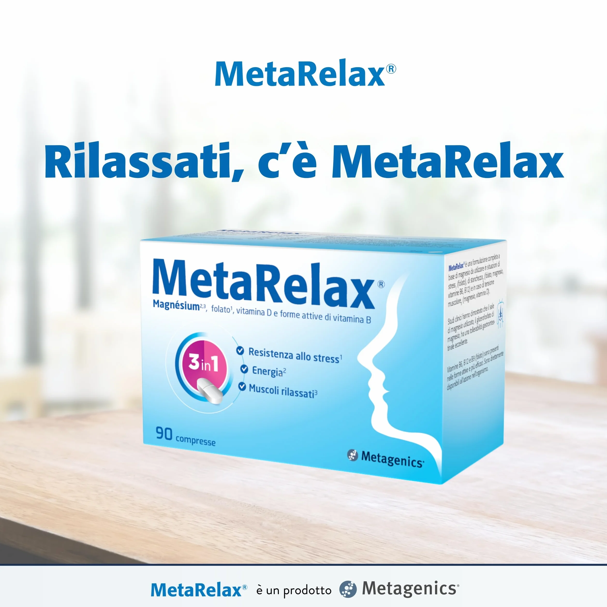 Metagenics MetaRelax Integratore di Magnesio con Vitamine B6, B12, Folato e Taurina 90 Compresse