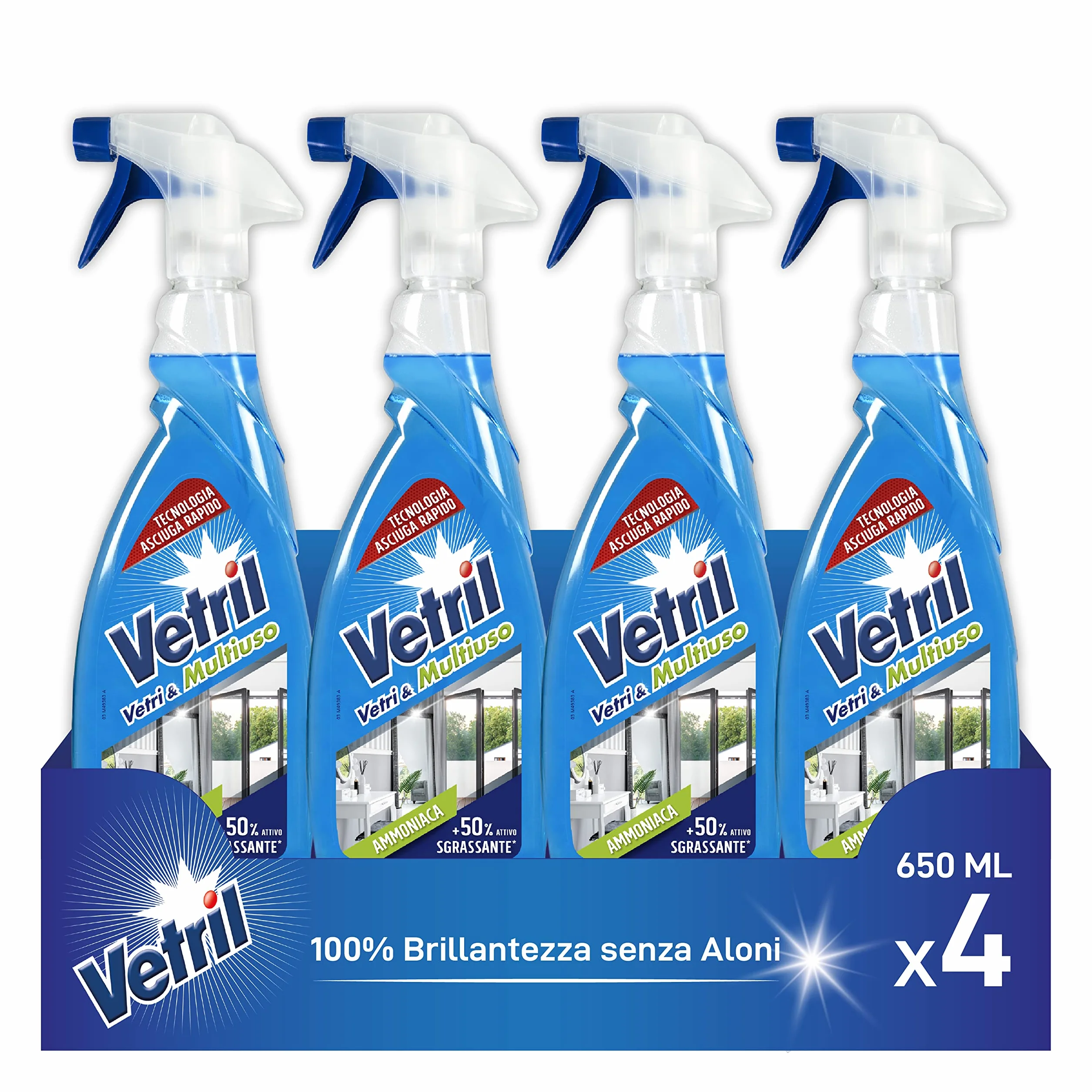 Vetril Detergente Spray Vetri e Superfici con Ammoniaca 650 ml x 4