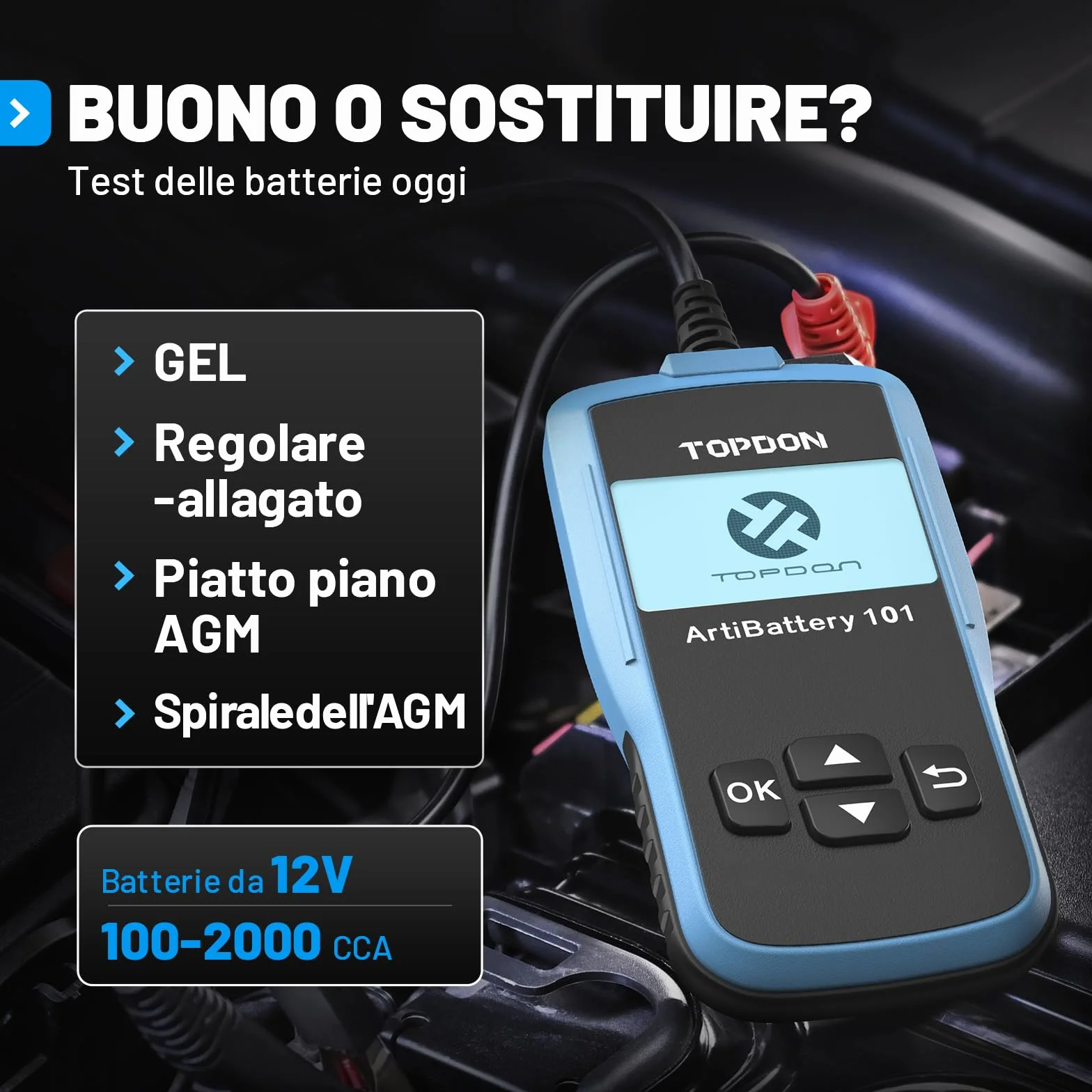 TOPDON ArtiBattery AB101 Tester Batteria 12V Analizzatore Digitale 100-2000 CCA Alternatore Strumento di Scansione Sistema di Avviamento e Ricarica per Auto SUV e Camion Leggeri