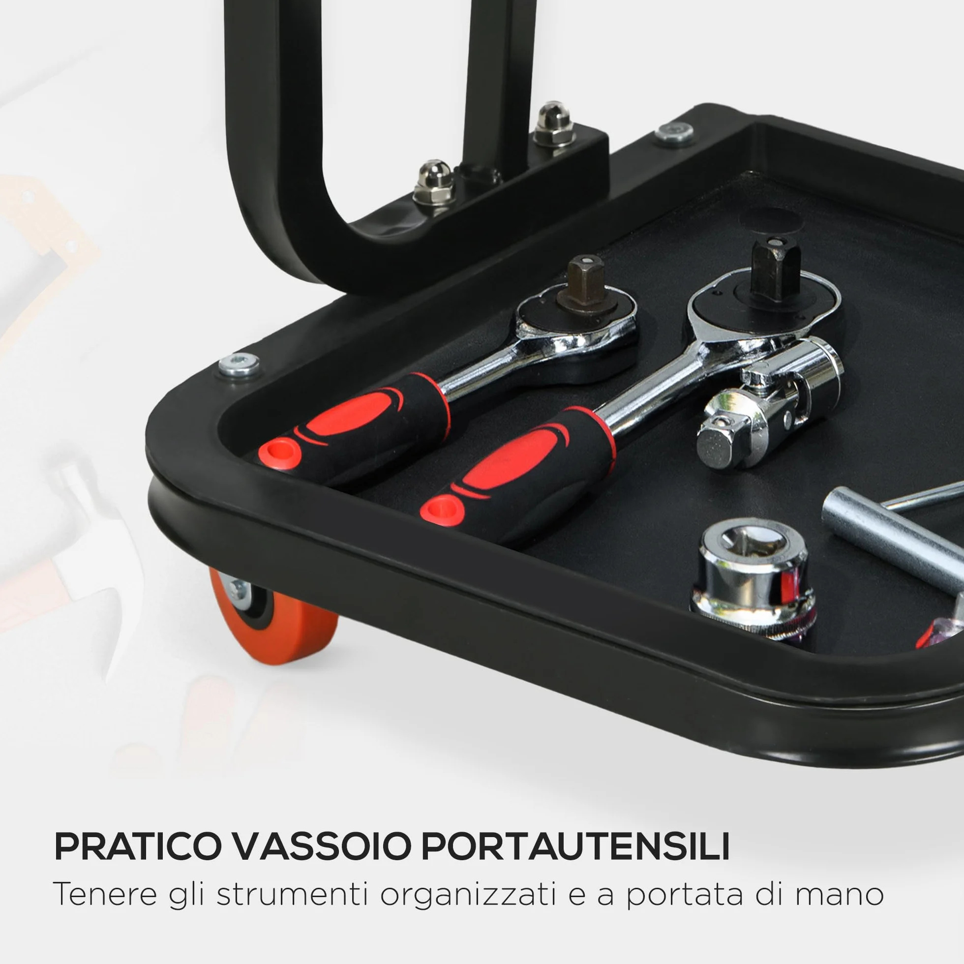 HOMCOM Sgabello da Officina con Ruote e Vassoio Porta Attrezzi, 38x35x37cm, Rosso