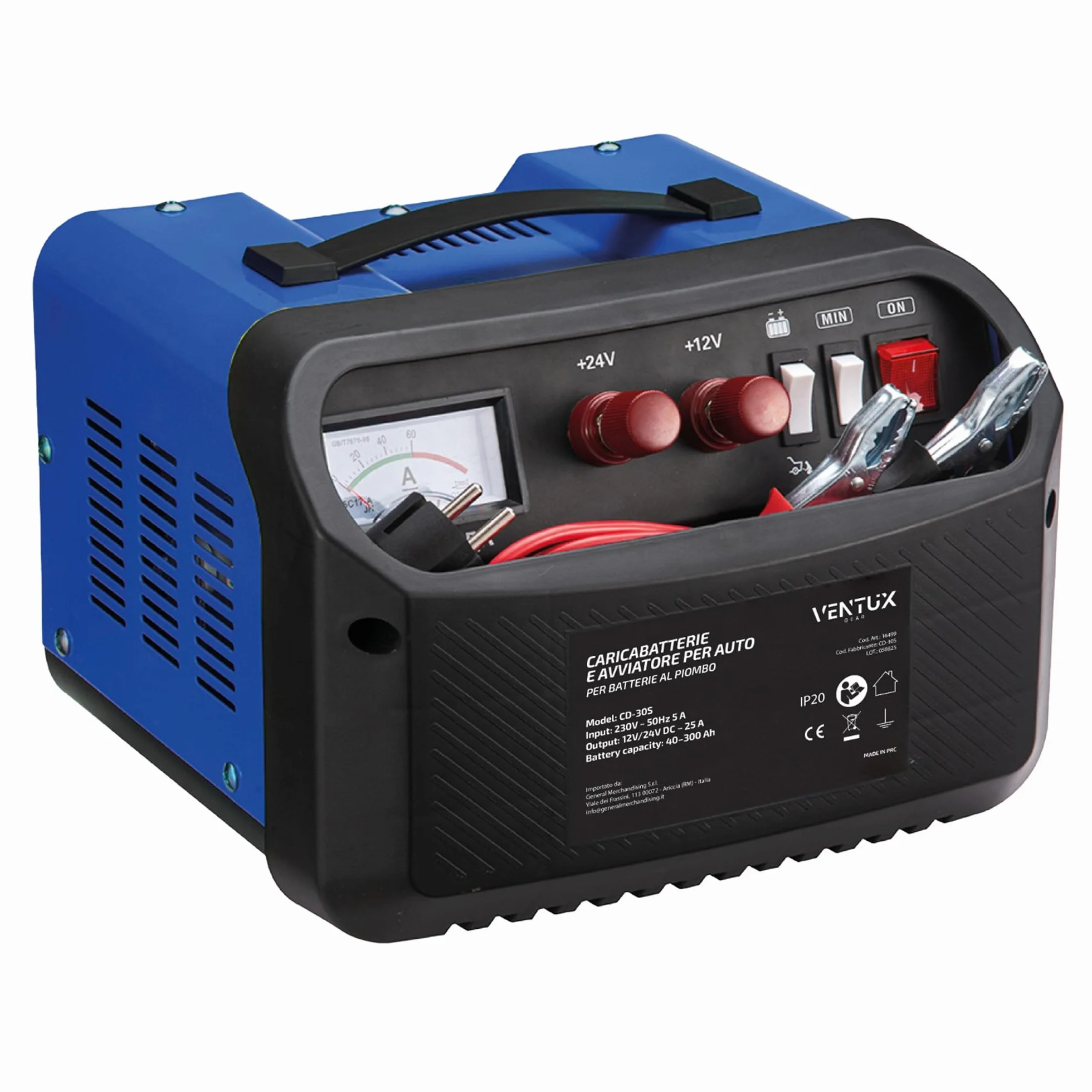 Caricabatterie e avviatore 12V/24V Ventux Gear CD-30S – Per Batterie al Piombo, Funzione Start 160A/260A, Amperometro Analogico, Protezioni di Sicurezza, Uso Auto e Officina