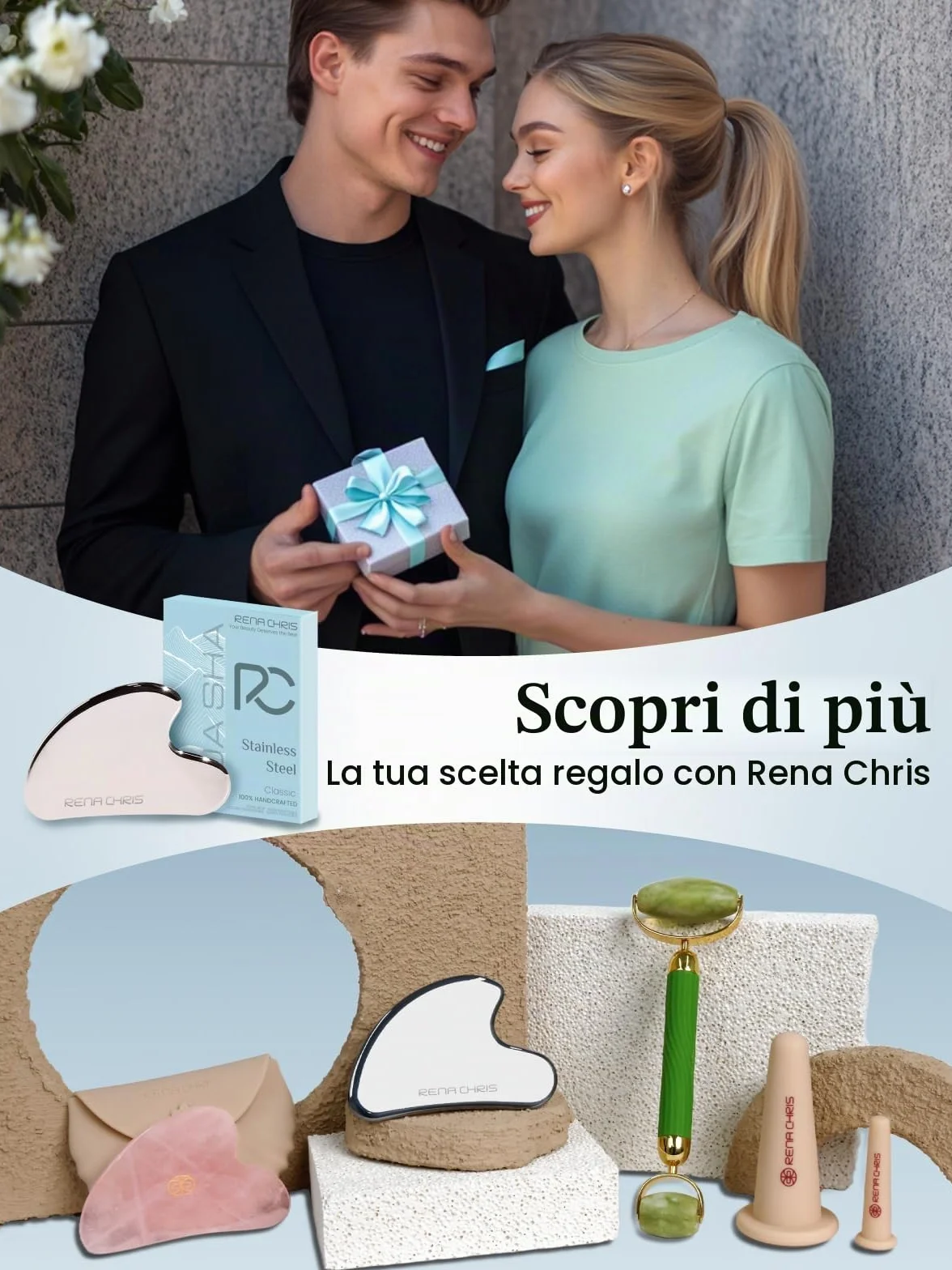 Rena Chris Gua Sha Viso Acciaio Inox per Scolpire il Mento Ridurre Gonfiore Argento
