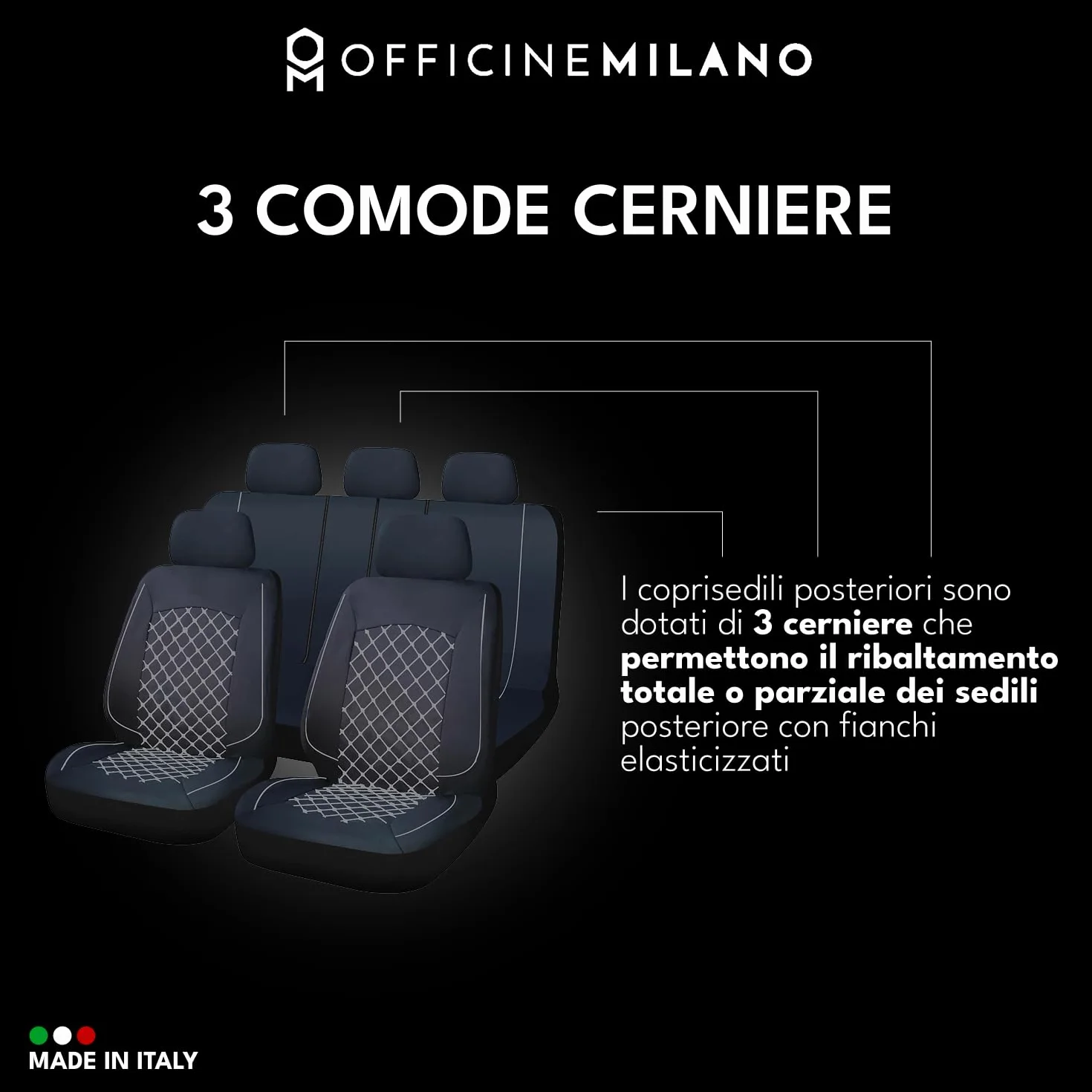 OFFICINE MILANO Coprisedili Auto Universali 11 Pezzi Antiscivolo Elasticizzato Trapuntato Poliestere