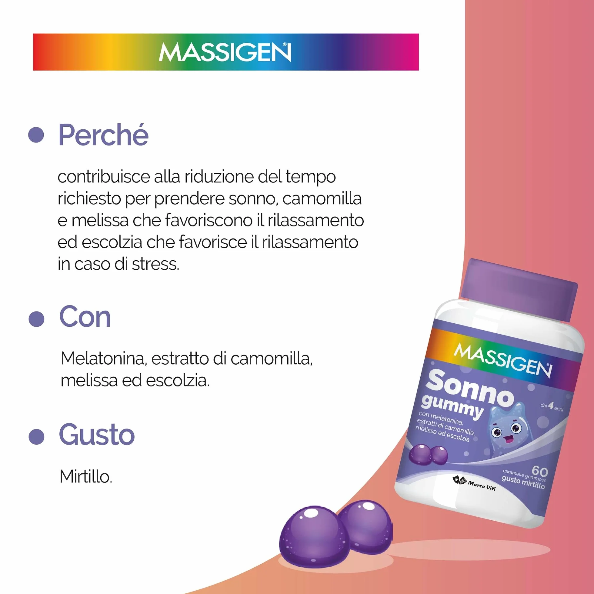 Massigen Sonno Gummy Integratore Alimentare con Melatonina e Estratti Naturali, 60 Caramelle da 3,3 g
