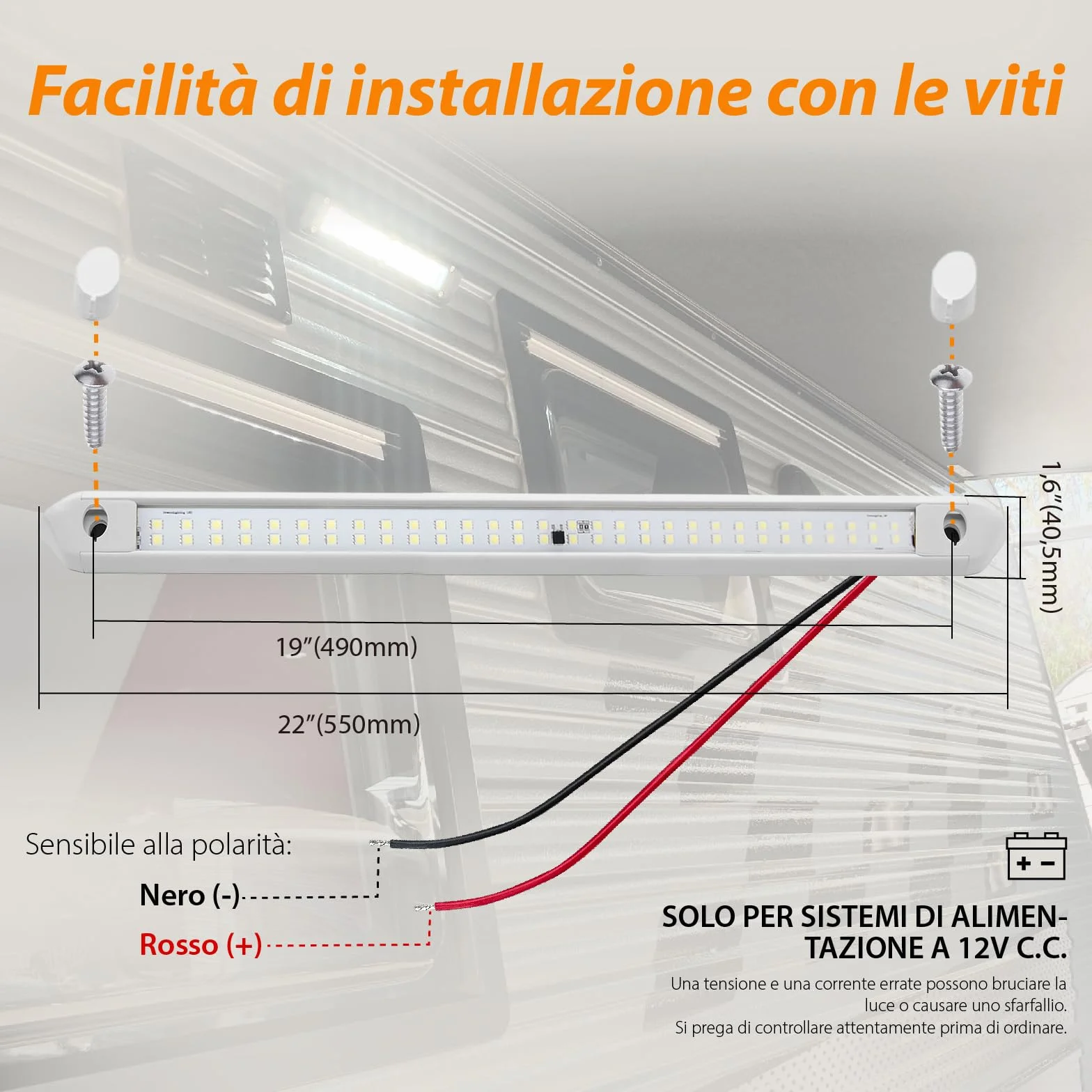 Tubo a LED Veranda 12V Lampada Camper Esterno IP66 Alluminio 550MM