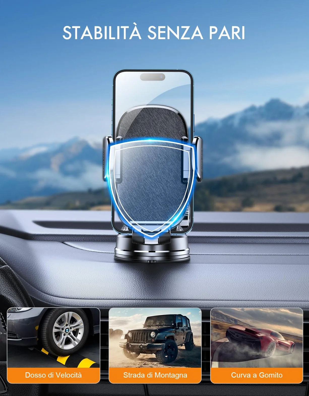 Mohard Porta Cellulare Auto, Mai Cadere Supporto Telefono Auto Cruscotto Ultra Robusto, Rilascio Rapido & 360° Ruotabile Ventosa Porta Telefono Set Interni Automobile Universale per Smartphone da 4-7"