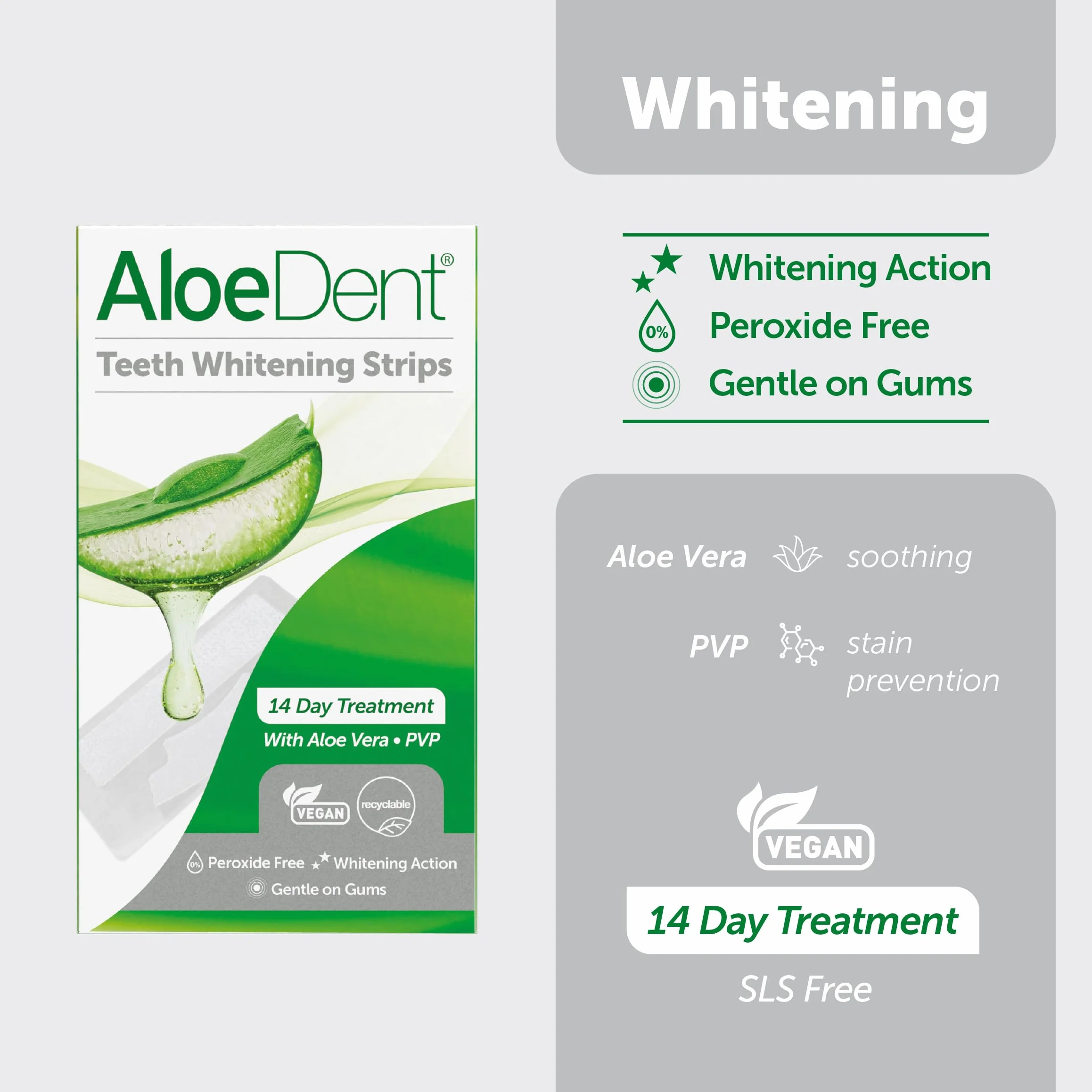 AloeDent Teeth Whitening Strips, Peroxide Free, Gentle Non Sensitive Formula, con Aloe Vera, Naturale, Vegan, 28 Strips, 14 Trattamenti