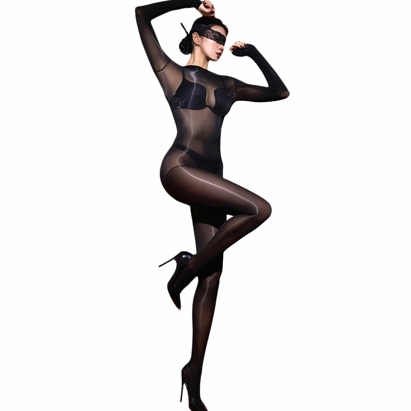 RUIBAVYA Bodystocking Nylon Donna Sexy Catsuit Combinaison à Manches Longues Col Rond
