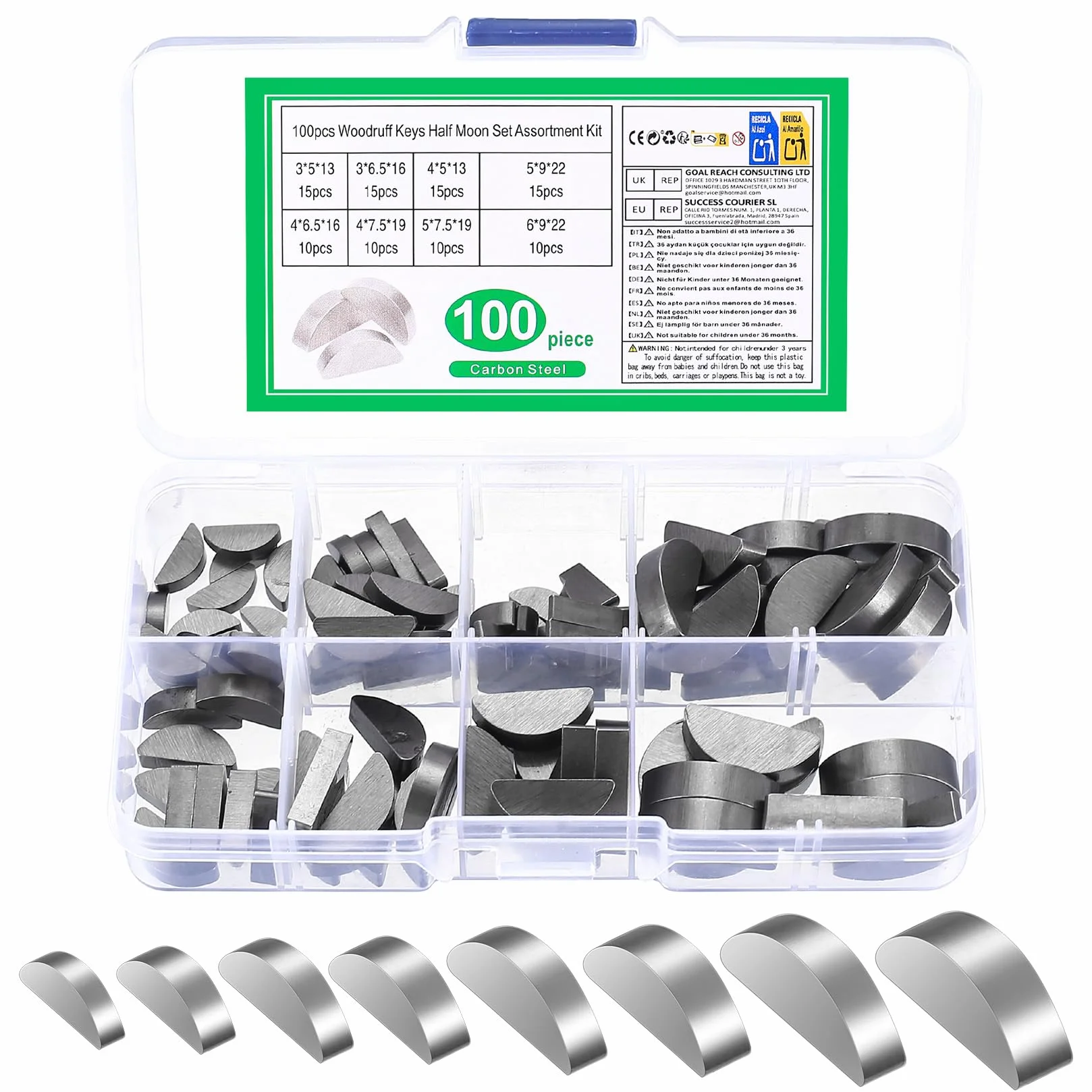100 Pz Sedi chiavette, Set di Chiavi a Mezzaluna, Chiavi a Testa Tonda Woodruff da 3-4-5-6 mmChiavi di Comando, kit assortimento puleggia volano albero motore