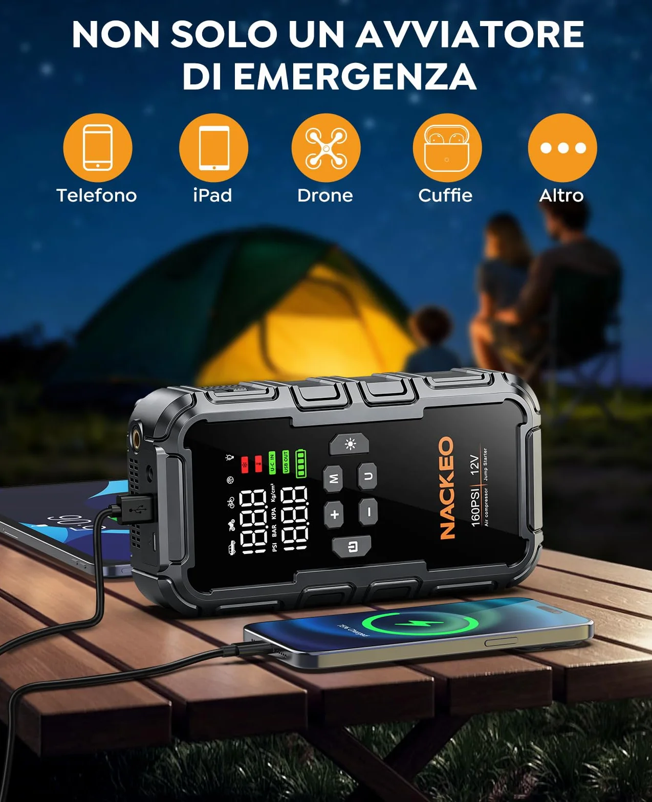 Avviatore Batteria Auto 160PSI 8000A Booster Avviamento 12V con Compressore LED LCD