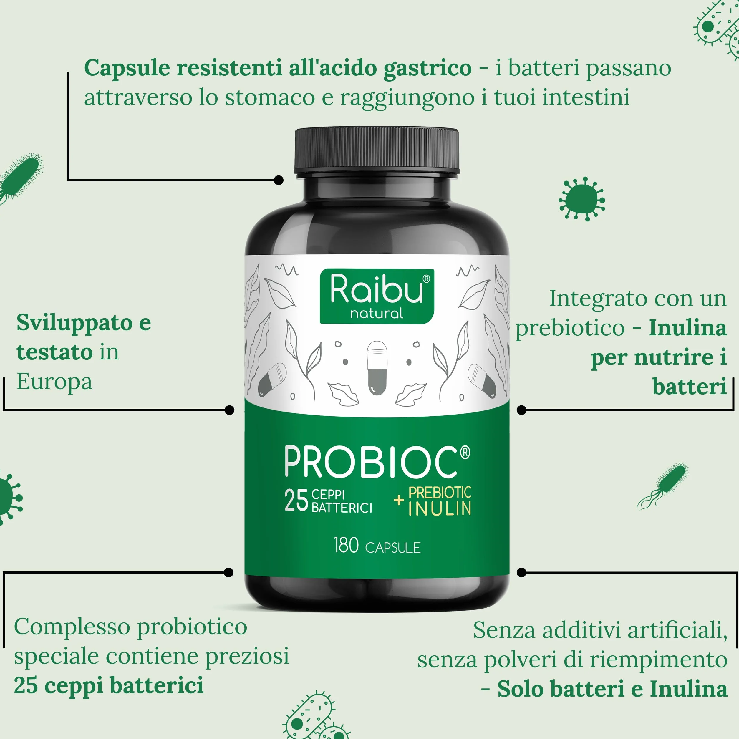 Probiotici Fermenti Lattici 180 Capsule 25 Ceppi 60 Miliardi UFC Inulina Resistenti Succhi Gastrici Alta Dosaggio Lactobacillus Bifidobatteri Raibu