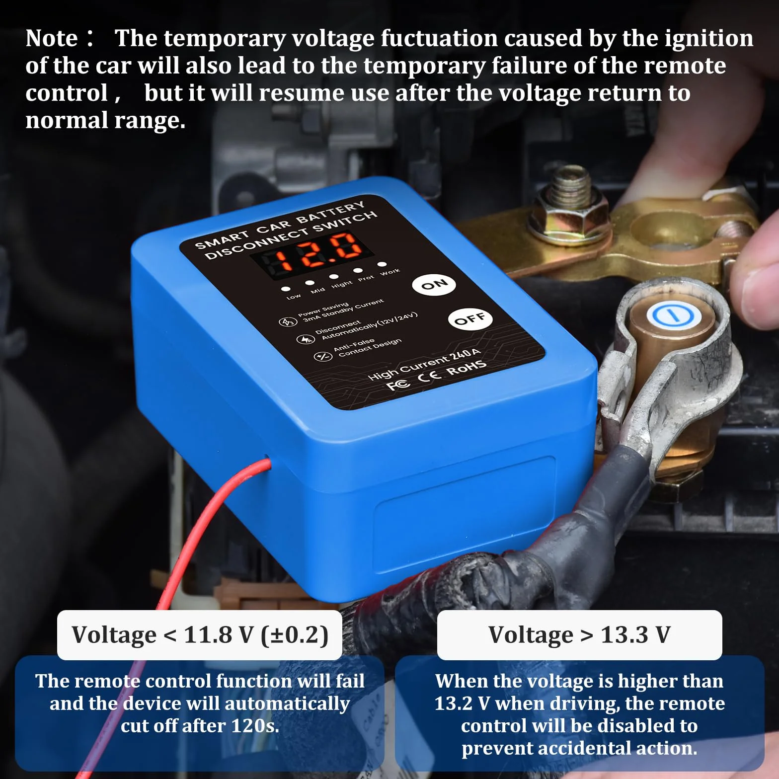 Interruttore di batteria telecomandato senza fili, tazza circuito batteria 12 V 240 A telecomando, interruttore di spegnimento automatico con display a LED per 12 V auto campeggio auto ATV camion