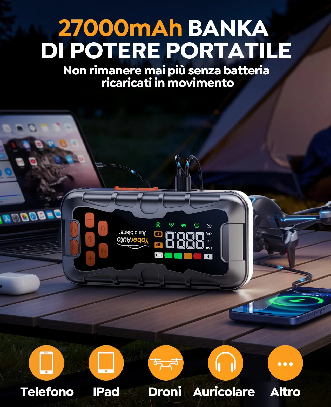 16-In-1 Avviatore Batteria Auto con Compressore 160PSI 8000A 27000mAh, Tutto Gas/14.0L Diesel Avviatore Emergenza per Auto/Moto 12V, YaberAuto Booster Avviamento Portatile Starter Batteria