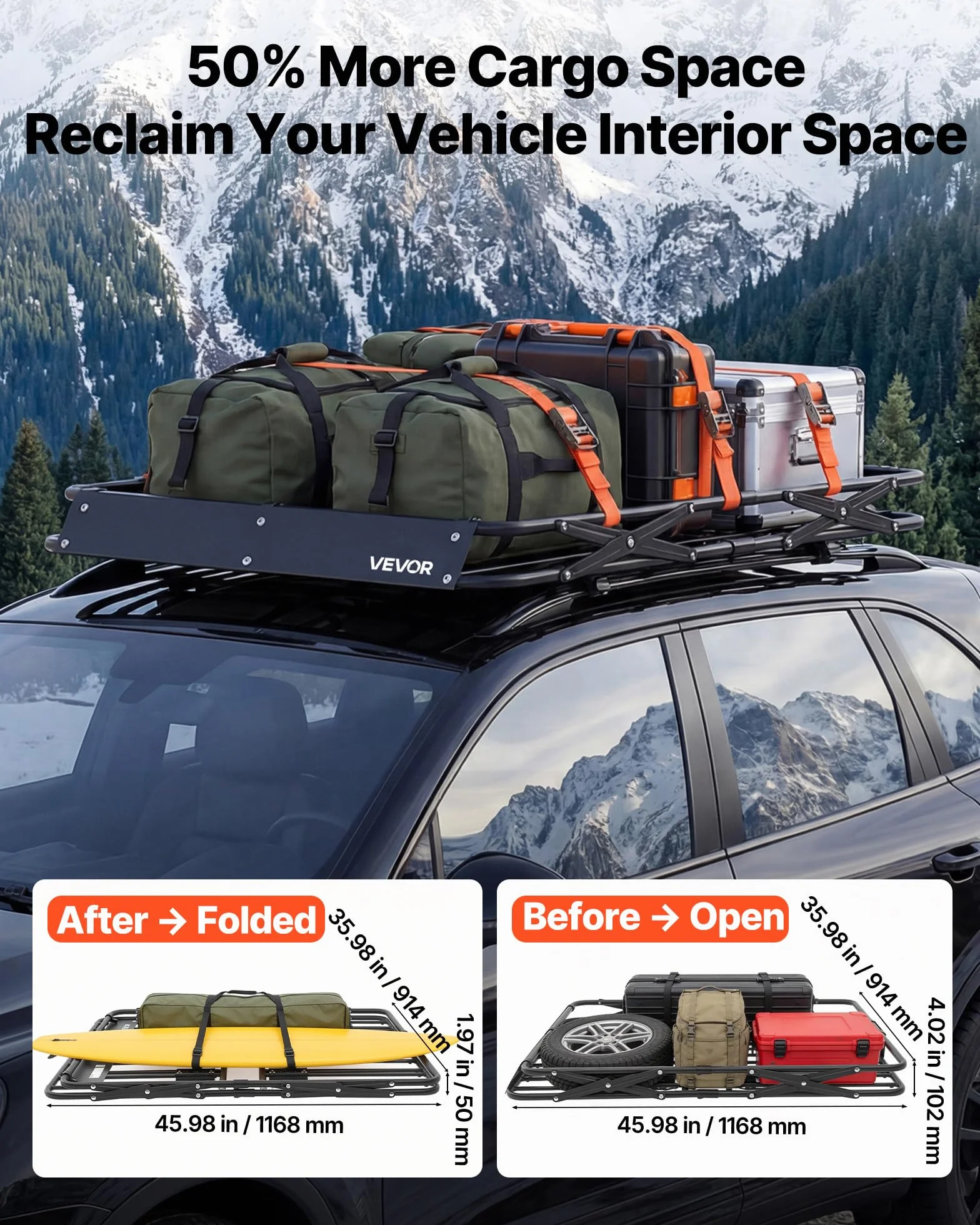 VEVOR Barra Portapacchi da Tetto per Auto, Portabagagli per Auto Telaio Pieghevole a Forma di X 1168 x 914 x 102 mm Carico 90,72 kg, Portapacchi Universale in Acciaio Legato per SUV Furgoni, Campeggio