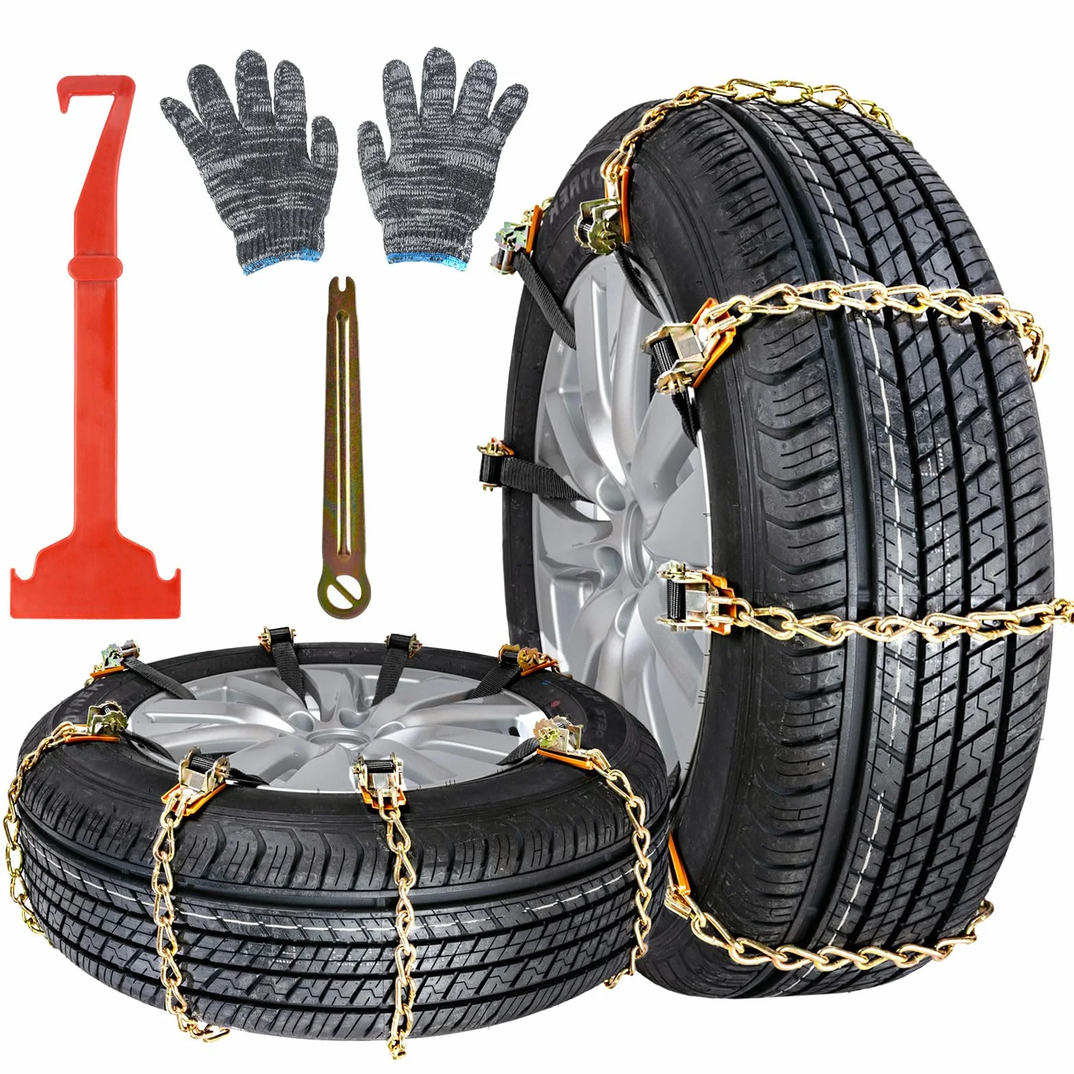 Ninonly Catene da Neve Universali 8Pcs per Auto - Montaggio Facile, Pneumatici 165-265mm, Guanti e Attrezzo Inclusi (Stringere la fibbia)