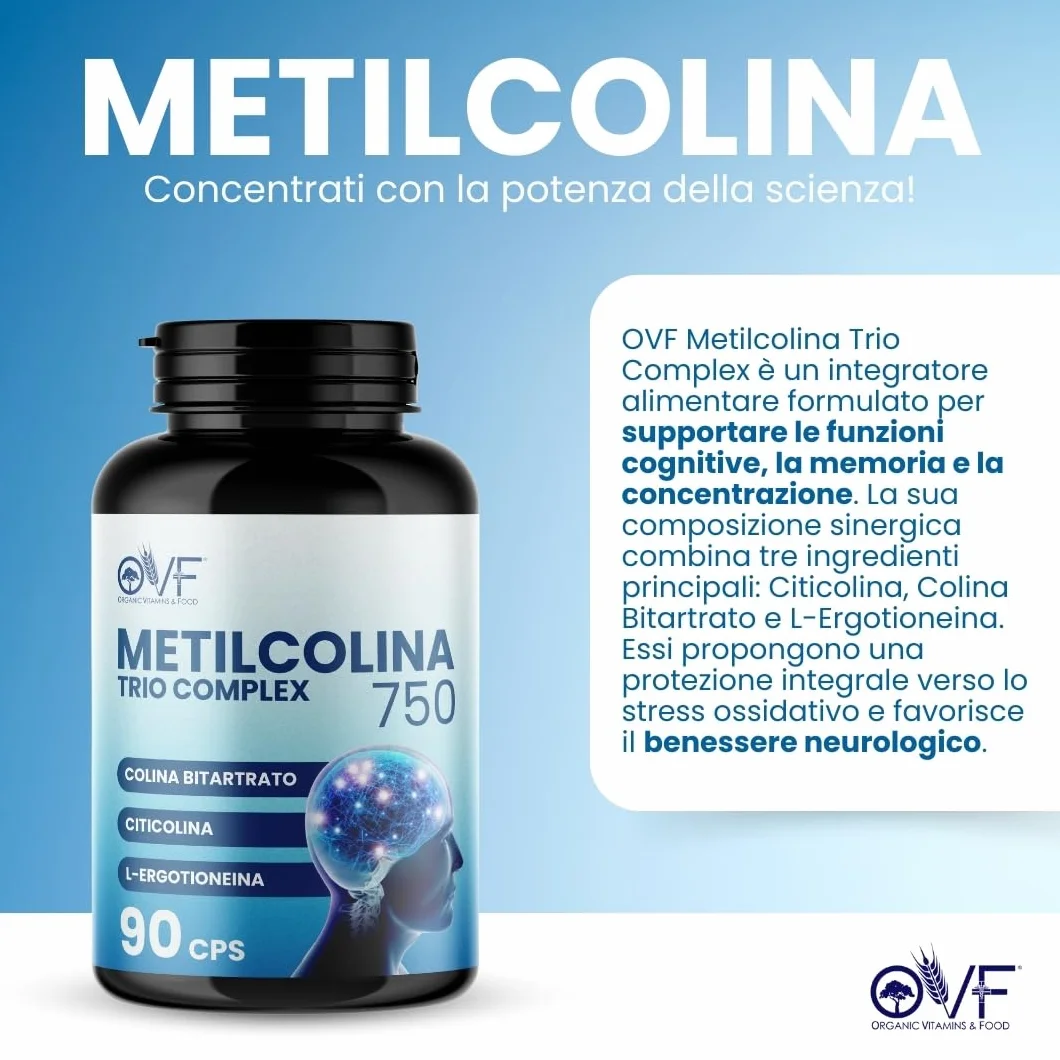 Citicolina Integratore Metilcolina Trio Complex 90 Cps, Supporto Funzioni Cognitive, Nootropico Colina Bitartrato Ergotioneina