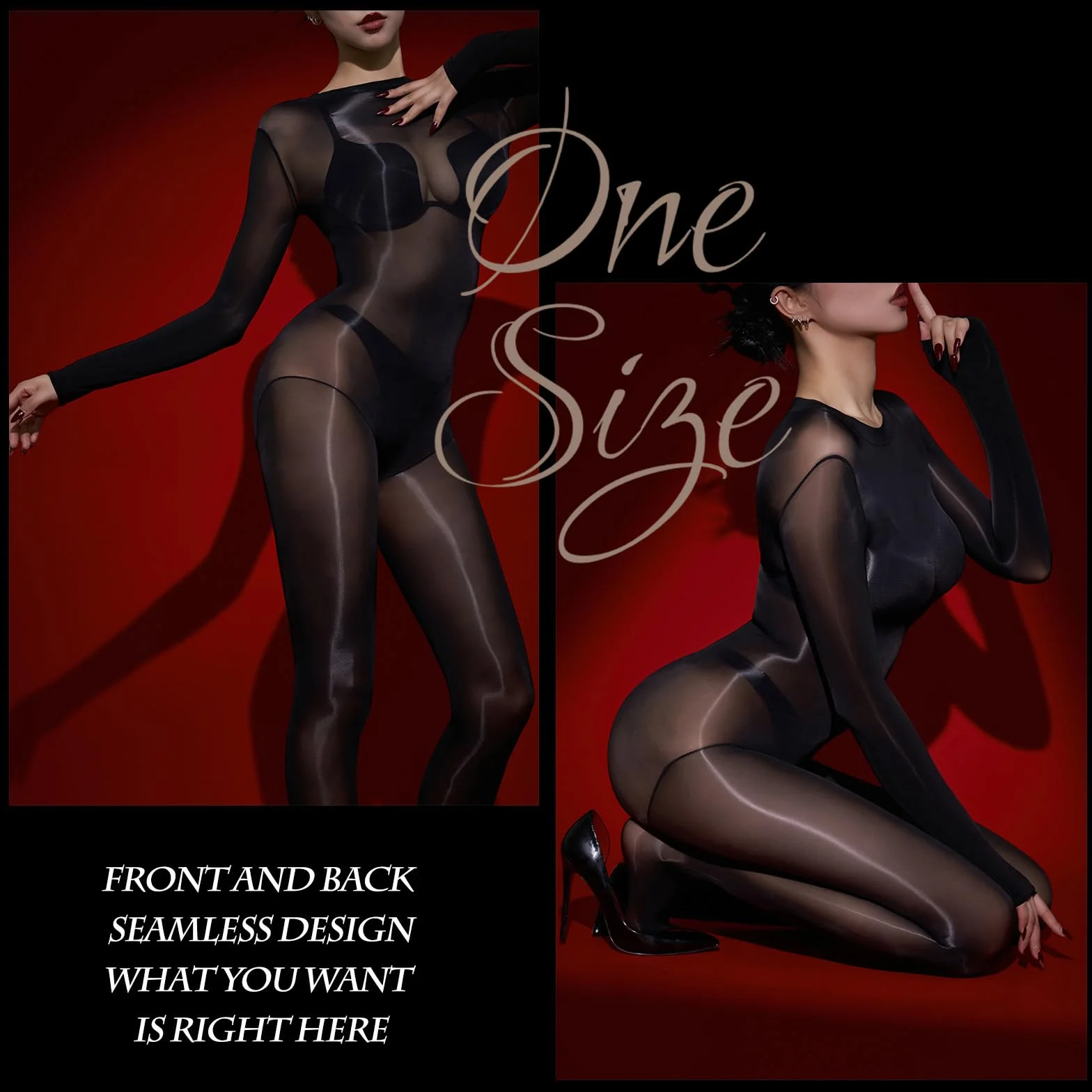 RUIBAVYA Bodystocking Nylon Donna Sexy Catsuit Combinaison à Manches Longues Col Rond