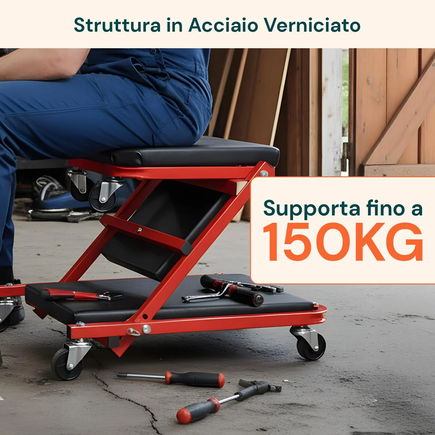 Avilia - Sgabello Officina 2 in 1 Trasformabile in Lettino Meccanico con 6 Ruote Girevoli, Struttura Robusta in Acciaio, Uso Ergonomico per Lavoro in Garage e Manutenzione Auto