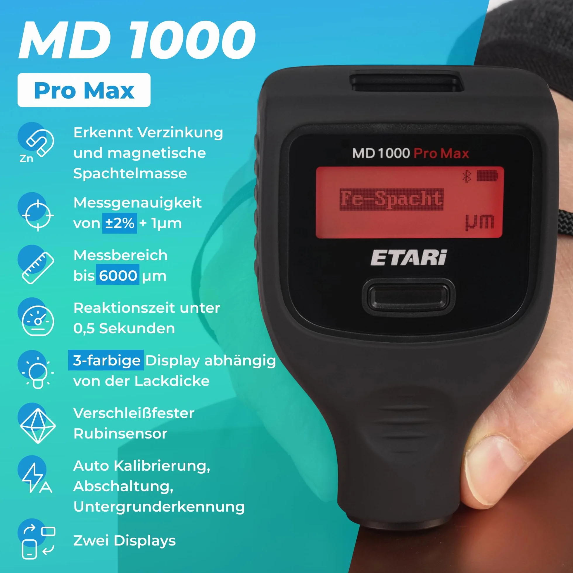ETARI MD 1000 Pro Max (Ferr & Non-Ferr), misuratore di spessore della vernice professionale per misurare lo spessore della vernice in auto fino a 6000 μm, + 3 colori di illuminazione dello schermo, +