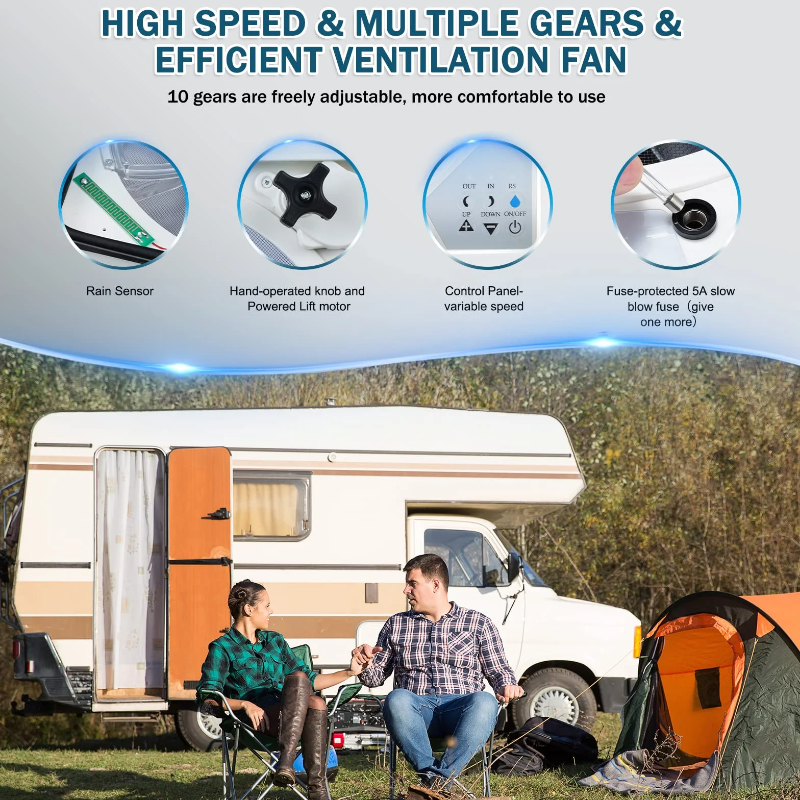Ventilatore da tetto 12V 40x40 cm per Camper Caravan con sensore pioggia e silenzioso