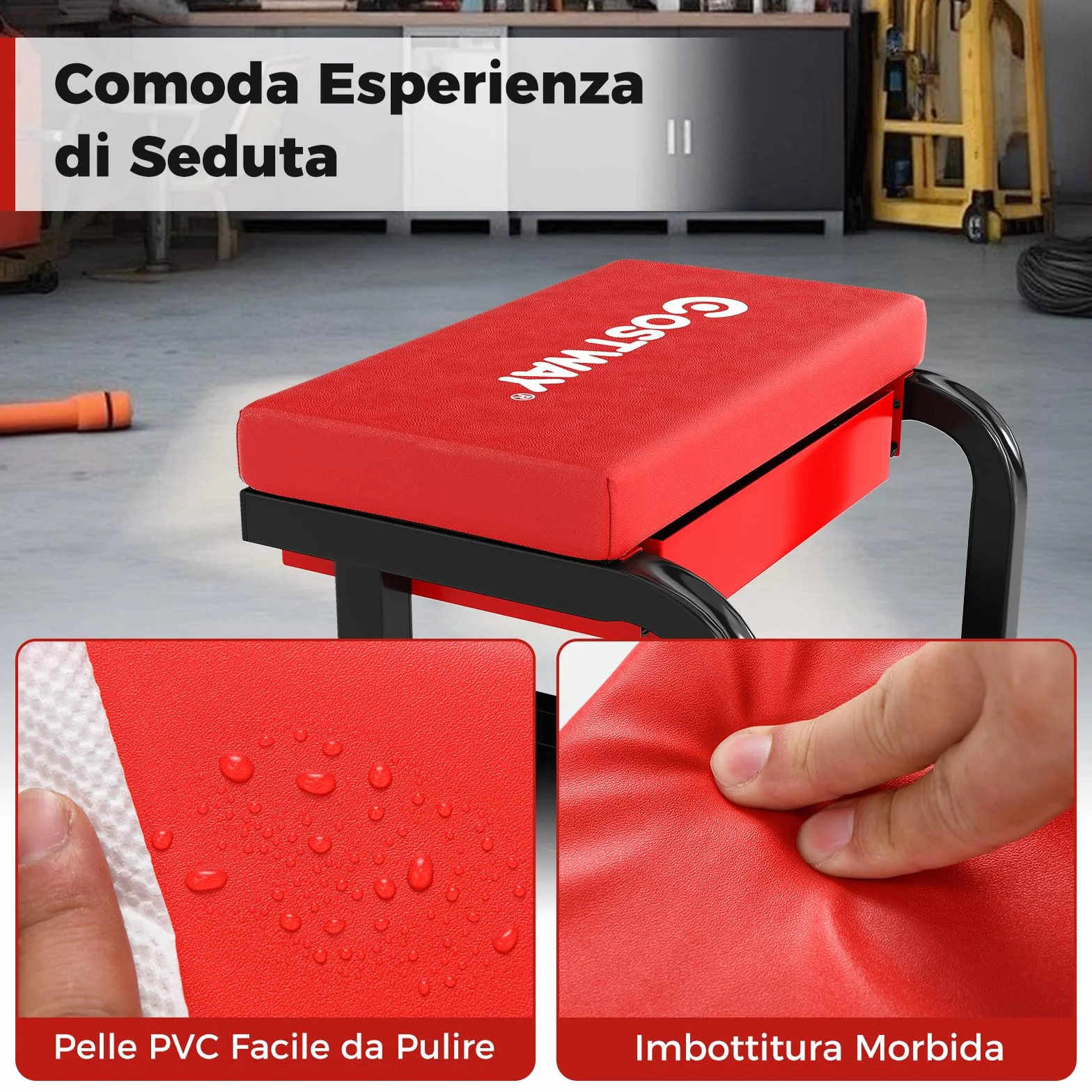 COSTWAY Sgabello da Officina con Ruote, Sedia Meccanico Imbottita, Cassetto e Vassoio, 185 kg, Rosso