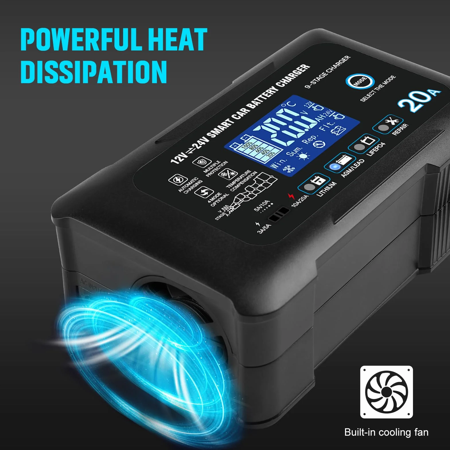 Haisito Caricabatterie da auto da 20 A, 12 V, 24 V, 20 A, caricatore di mantenimento e dispositivo di desolforazione, adatto per litio, LiFePO4, acido piombo (AGM, gel, ecc.) moto, auto, barche