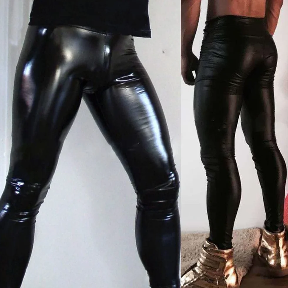 Pantaloni da uomo in finta pelle PU effetto bagnato Slim Fit Leggings Night Club Party