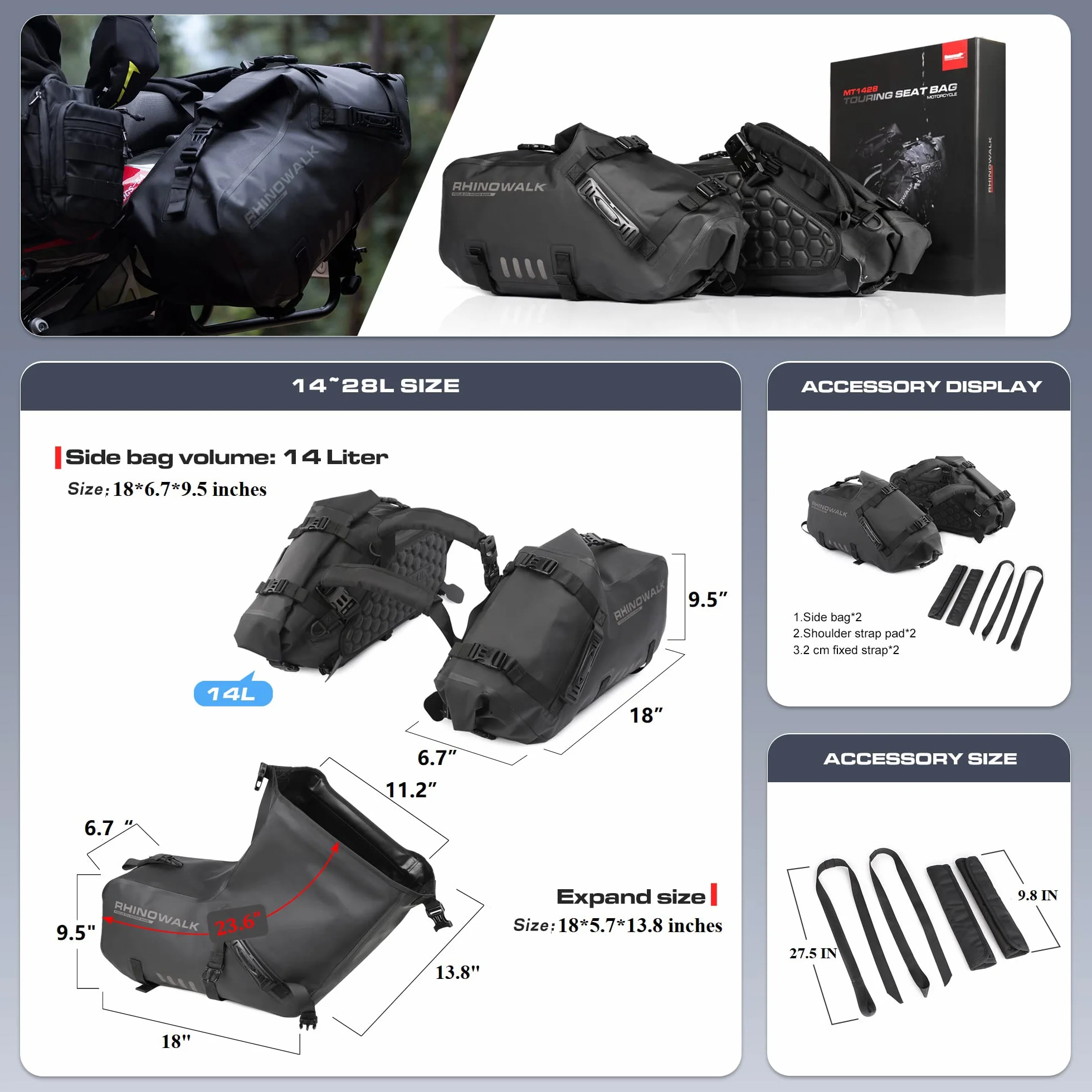 Rhinowalk Moto Borsa Portabagagli Impermeabile 28L Anti-Vibrazioni Borse laterali per Moto Avventura Sport