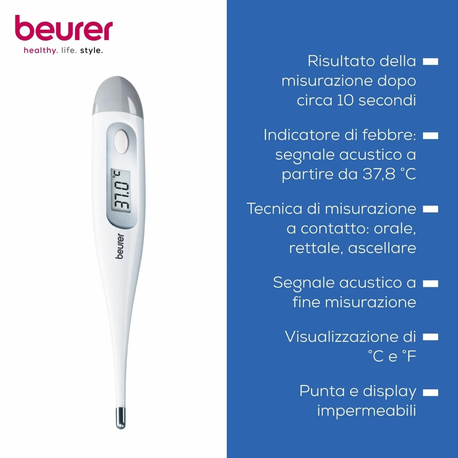 Beurer FT 09 Termometro Digitale per Corpo, Impermeabile, Precisione ±0,1°C, Display LCD, Custodia Inclusa