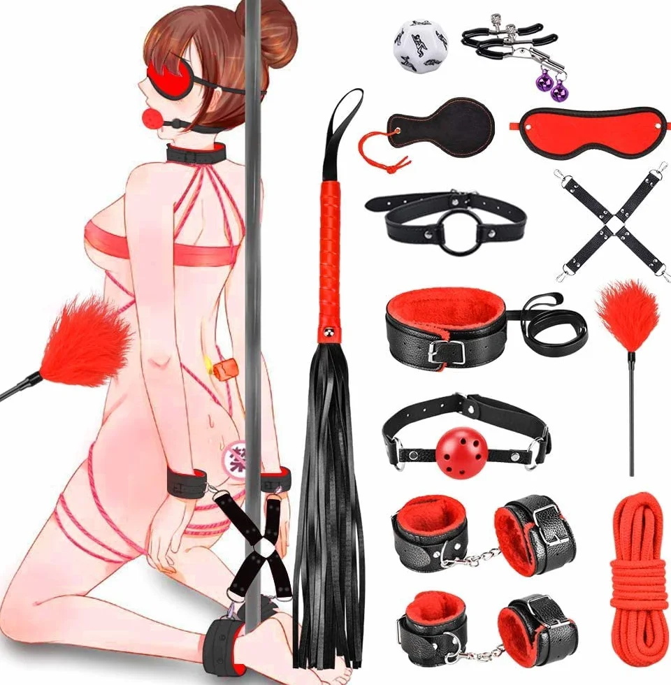 Qoosea 13 Pezzi Set Bondage Sex Toys SM Sex Restraint in Pelle con Manette Caviglia Morsetti Rosso Nero