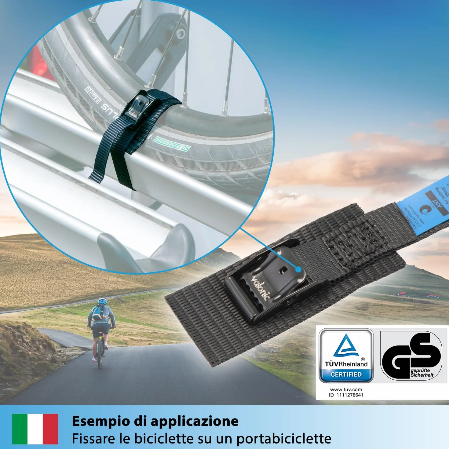 Valonic Cinghie di Fissaggio 35cm 19mm 80kg Imbottite Certificate TÜV Rheinland GS EN-12195-2 Nero